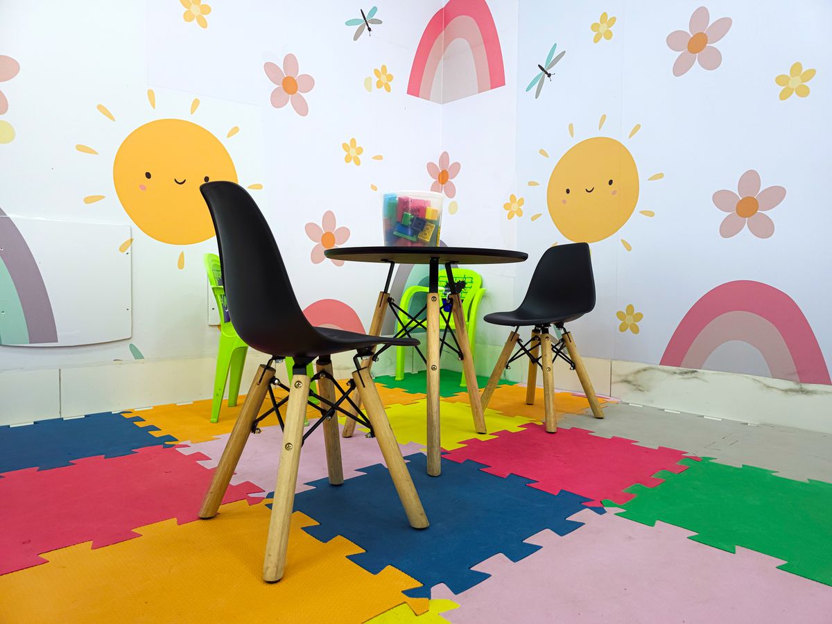 Colorful creativity wall in a kids playroom