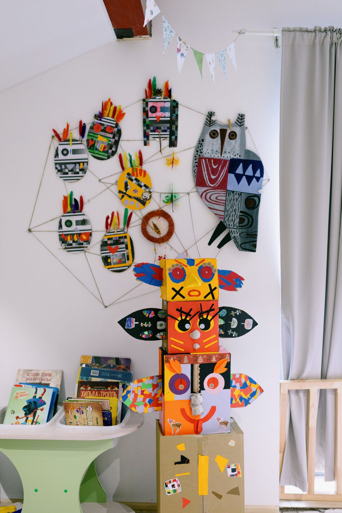 Handmade art and drawings in a kids room