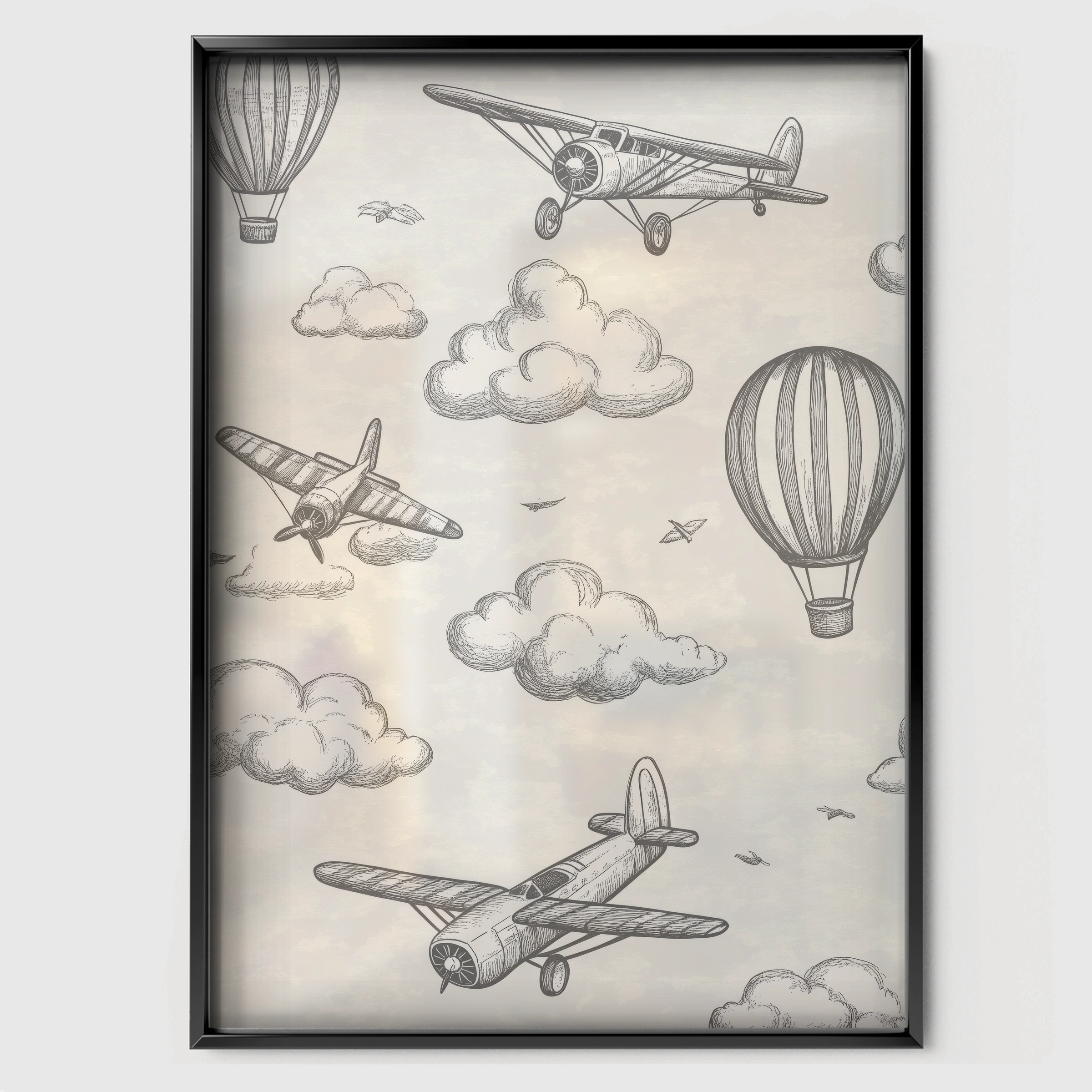 Airplanes and Balloons Nursery Print - black framed nursery wall art print