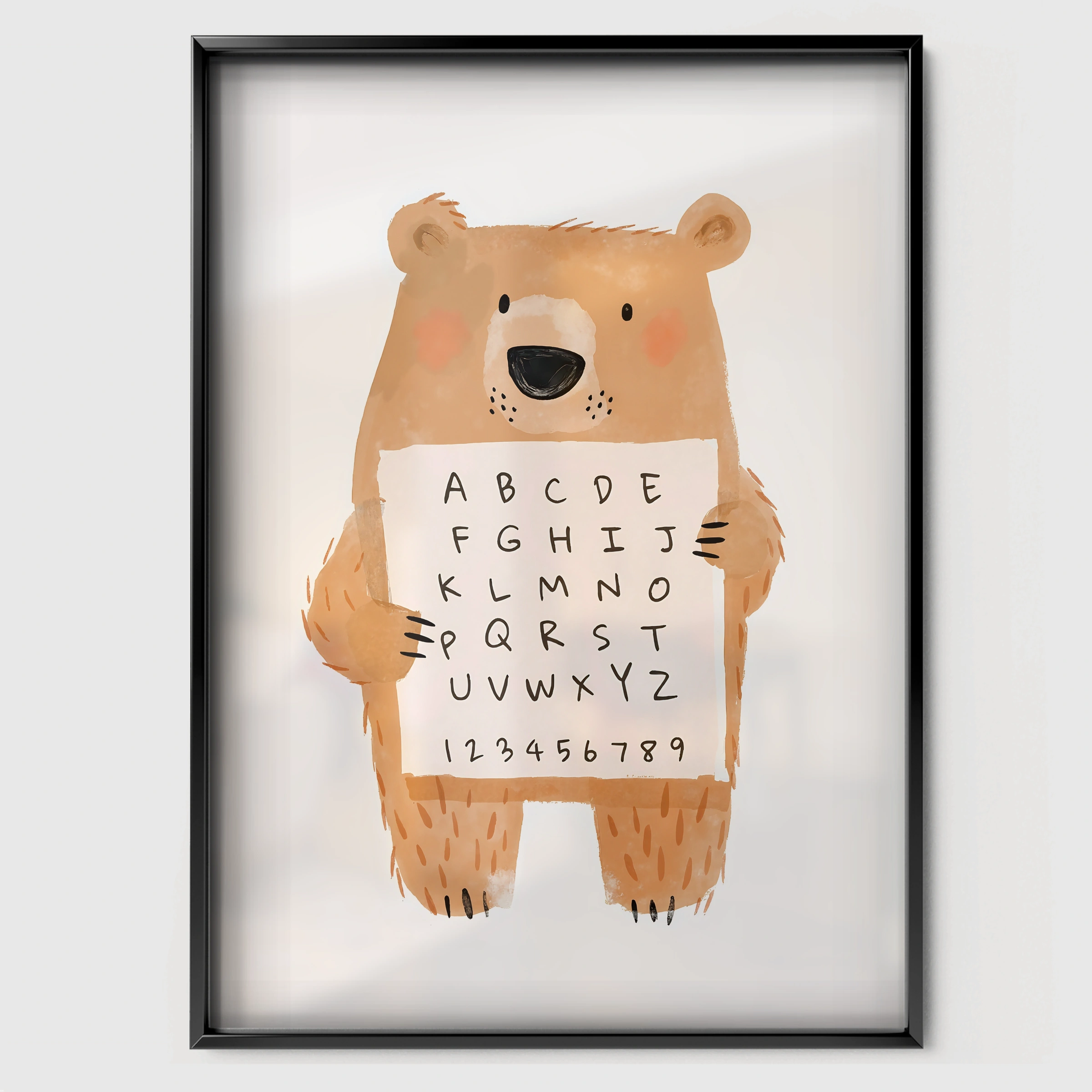 Alphabet Bear Nursery Print - black framed nursery wall art print
