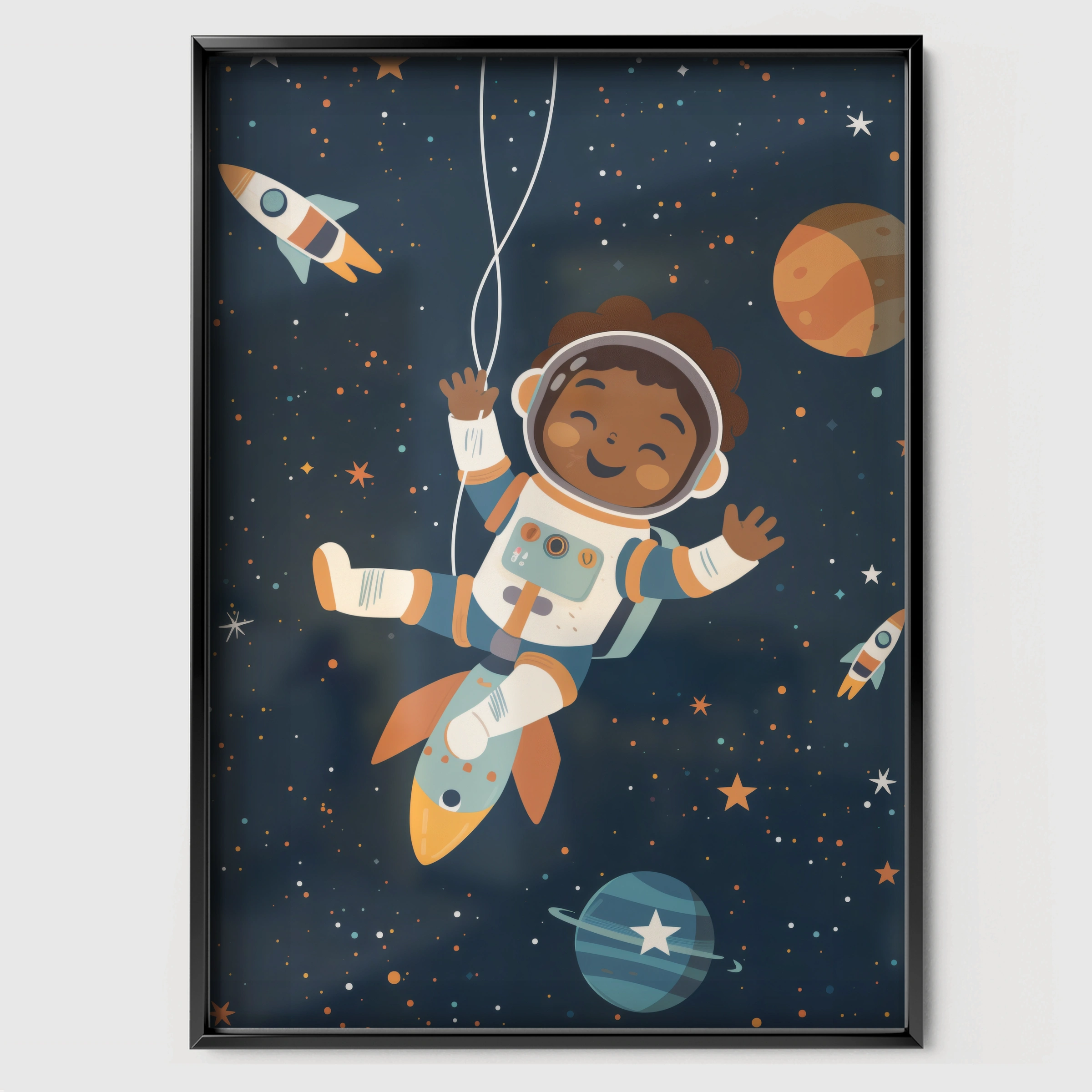 Astronaut Adventure Nursery Print - black framed nursery wall art print