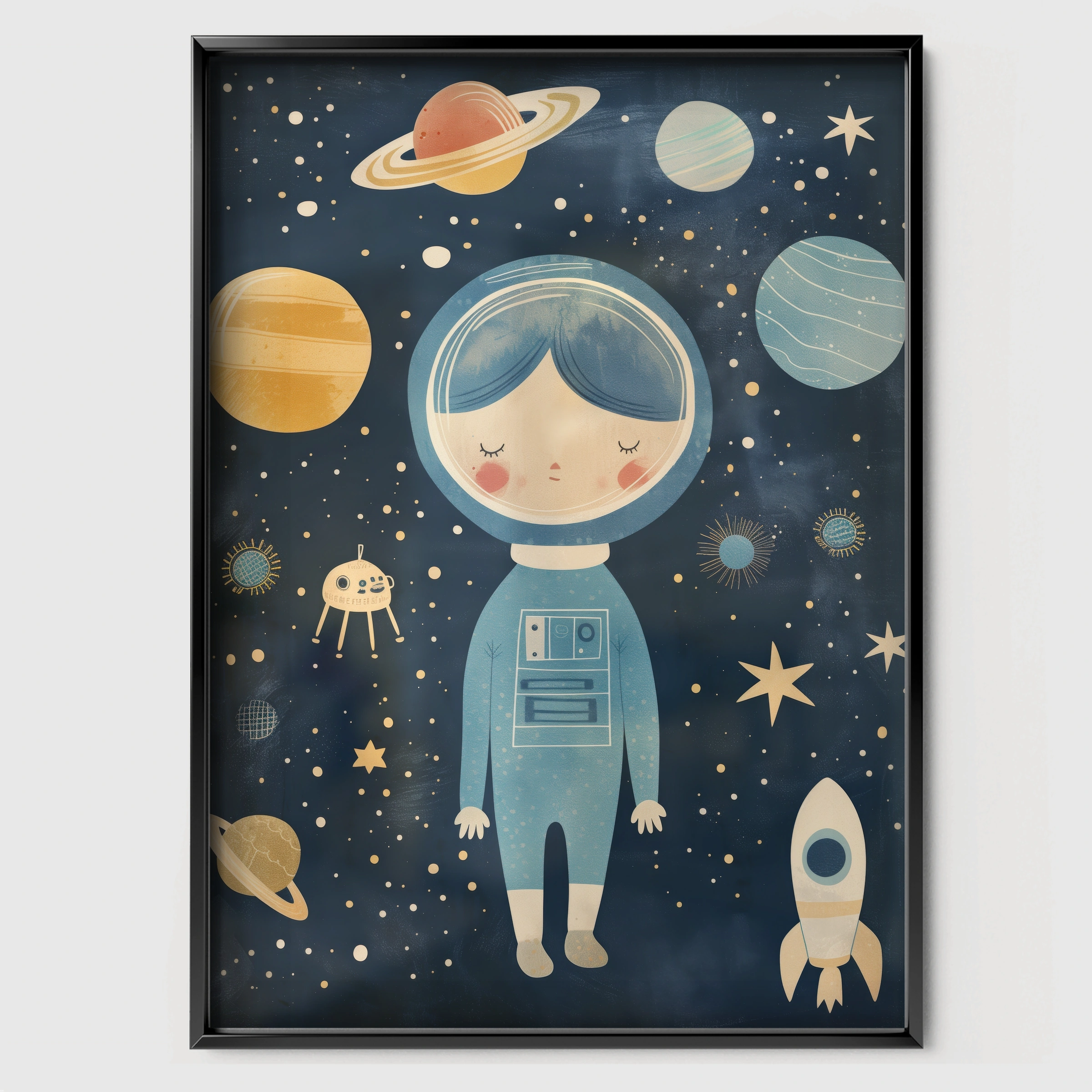 Astronaut Among Planets Nursery Print - black framed nursery wall art print
