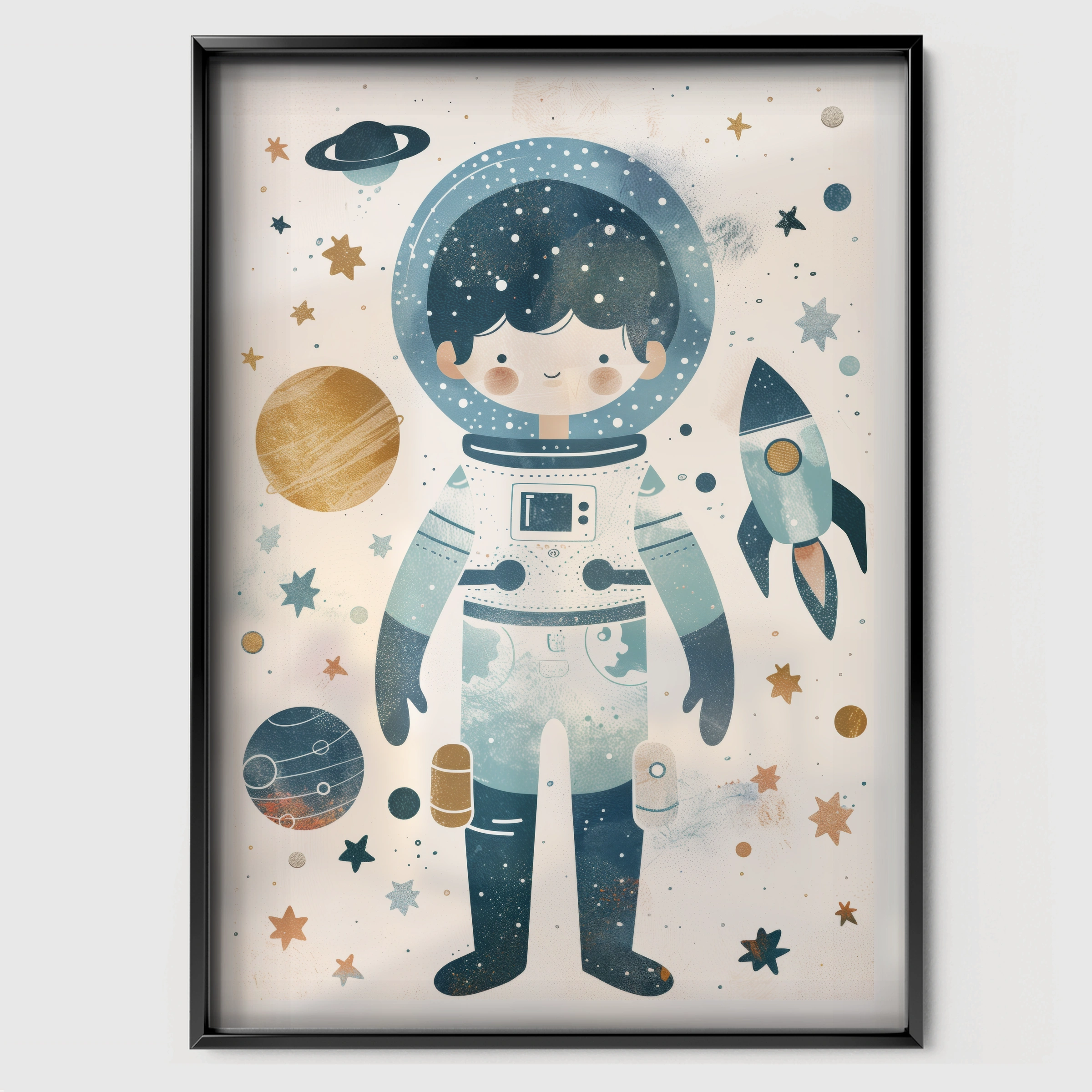 Astronaut and Rocket Nursery Print - black framed nursery wall art print