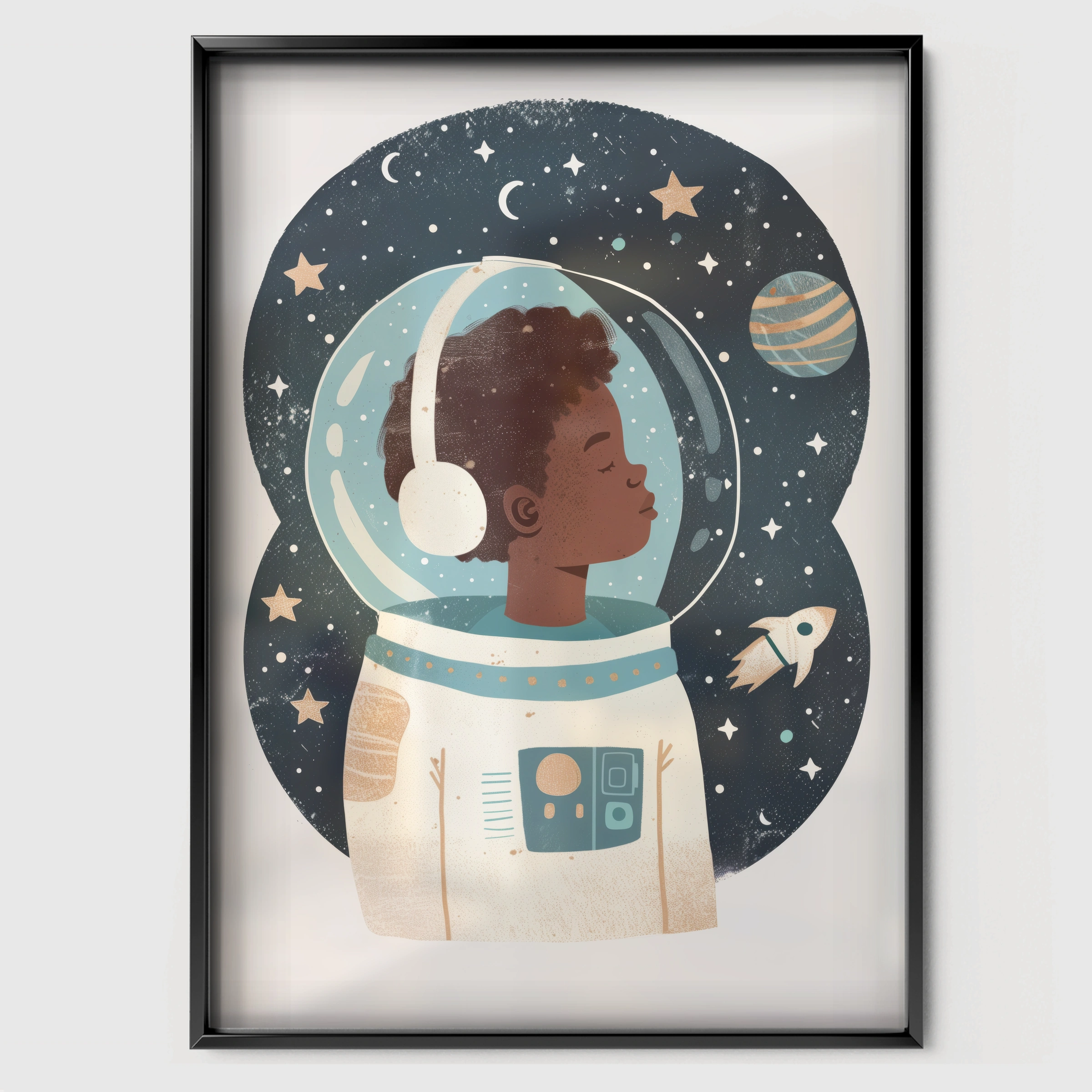 Astronaut Boy Nursery Print - black framed nursery wall art print