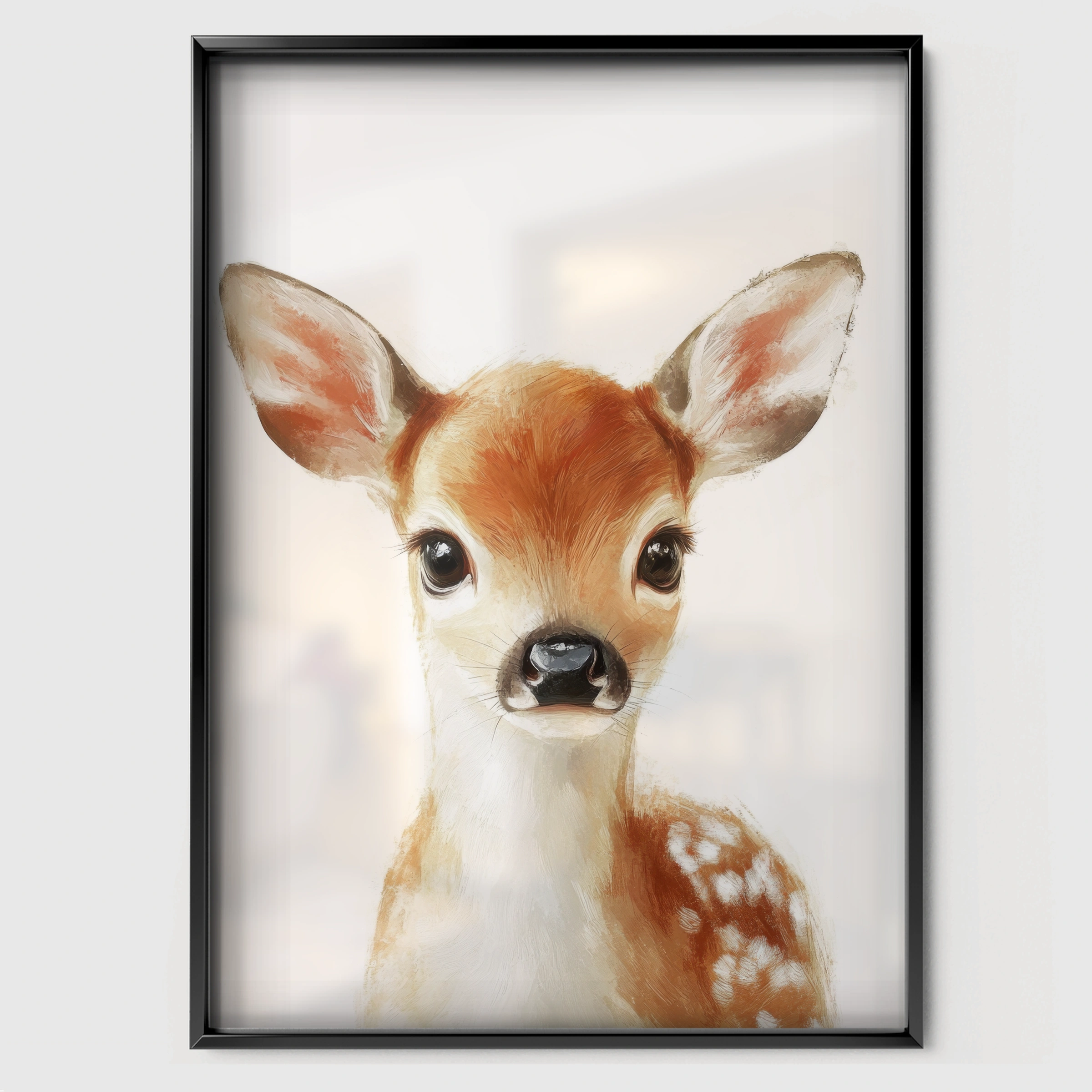 Baby Fawn Nursery Print - black framed nursery wall art print