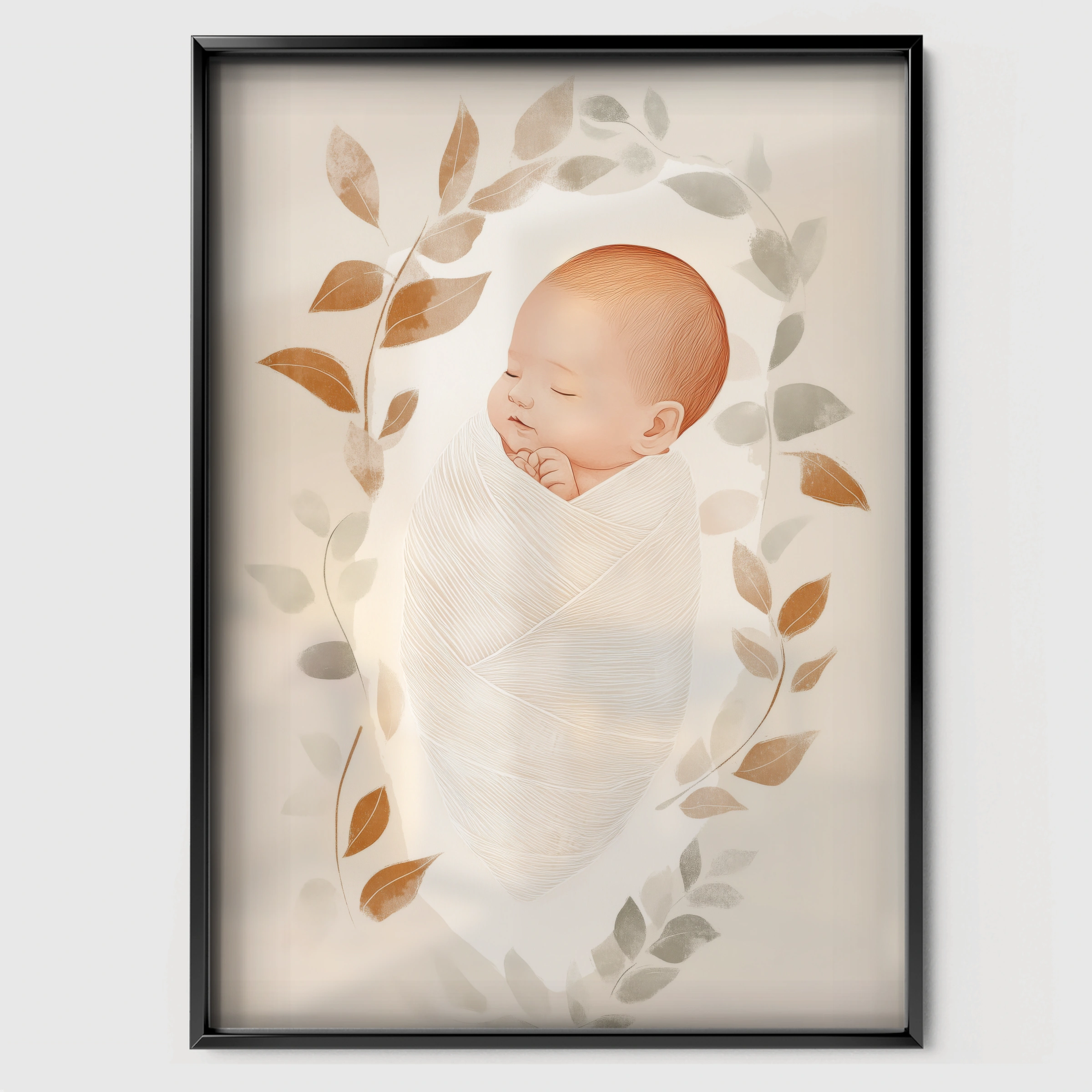 Baby in a Wreath Nursery Print - black framed nursery wall art print
