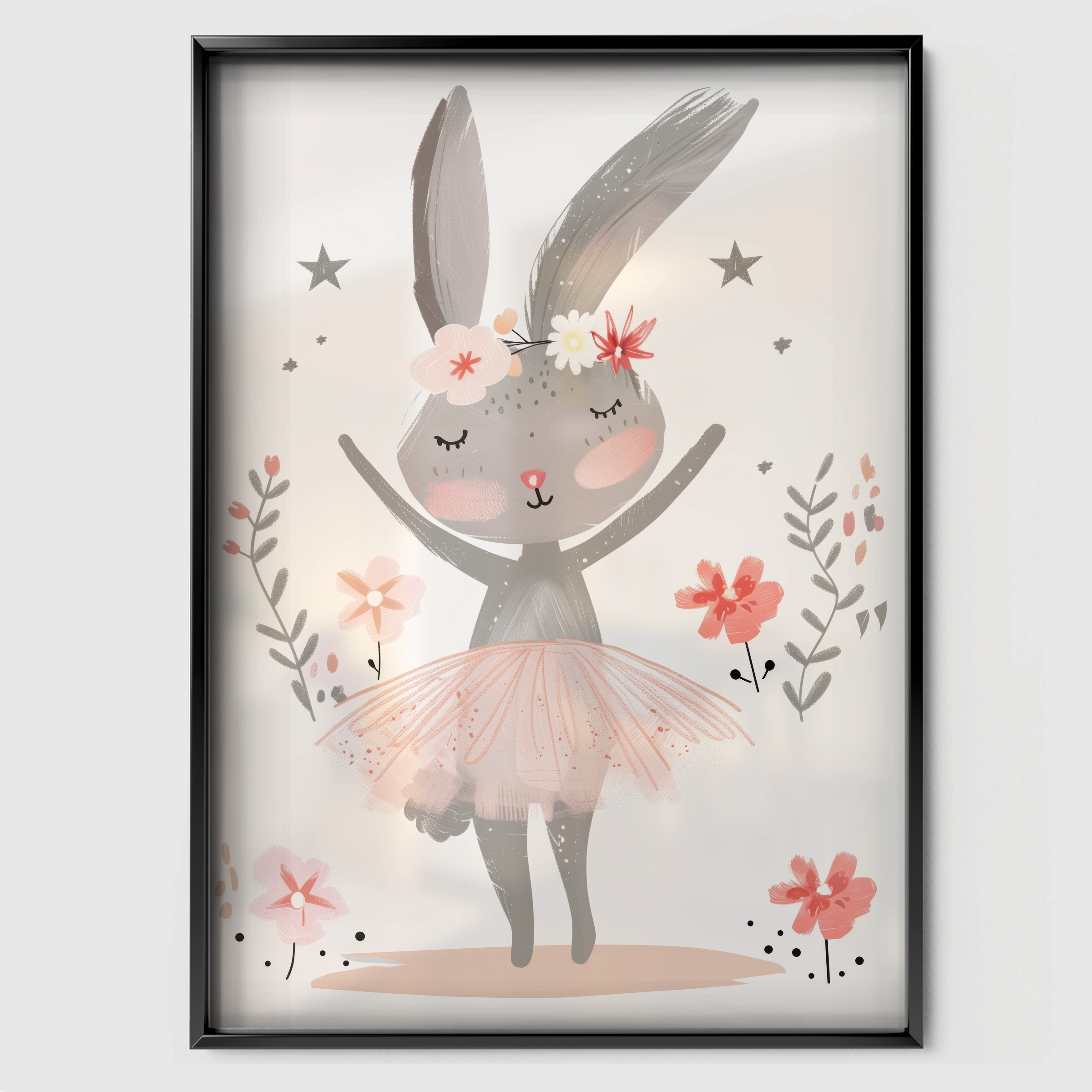 Ballerina Bunny Nursery Print - black framed nursery wall art print