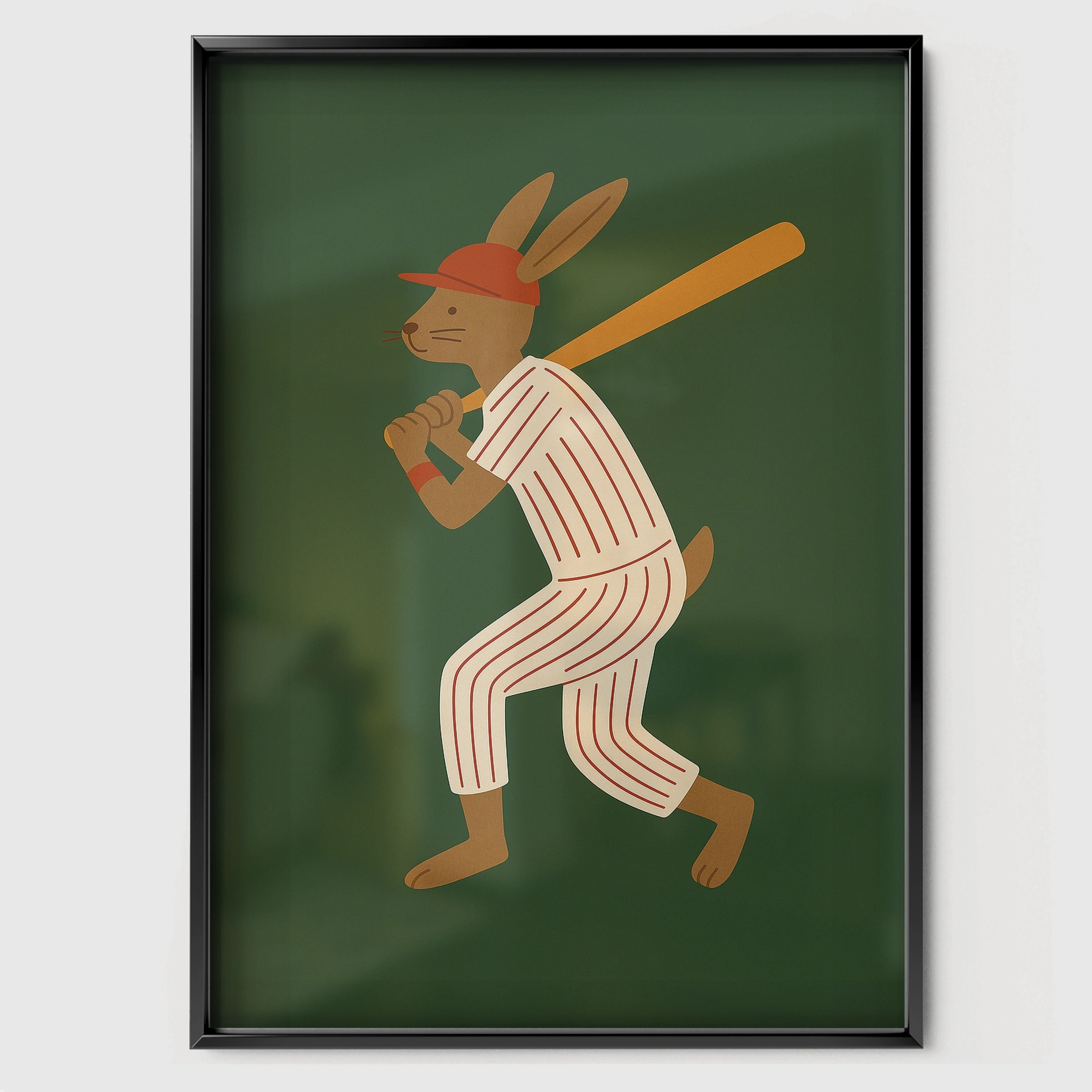 Baseball Batter Rabbit Nursery Print - black framed nursery wall art print