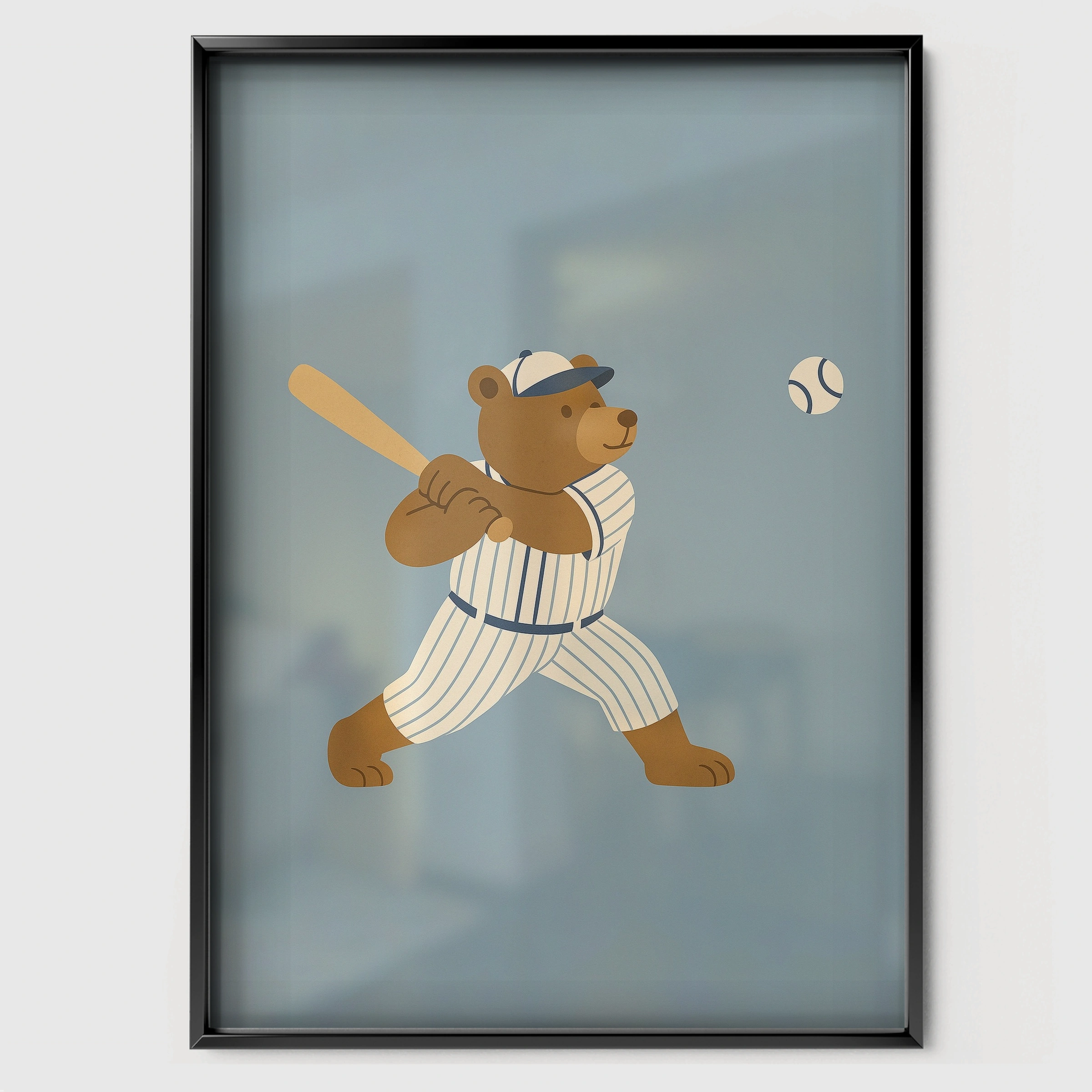 Baseball Bear Nursery Print - black framed nursery wall art print