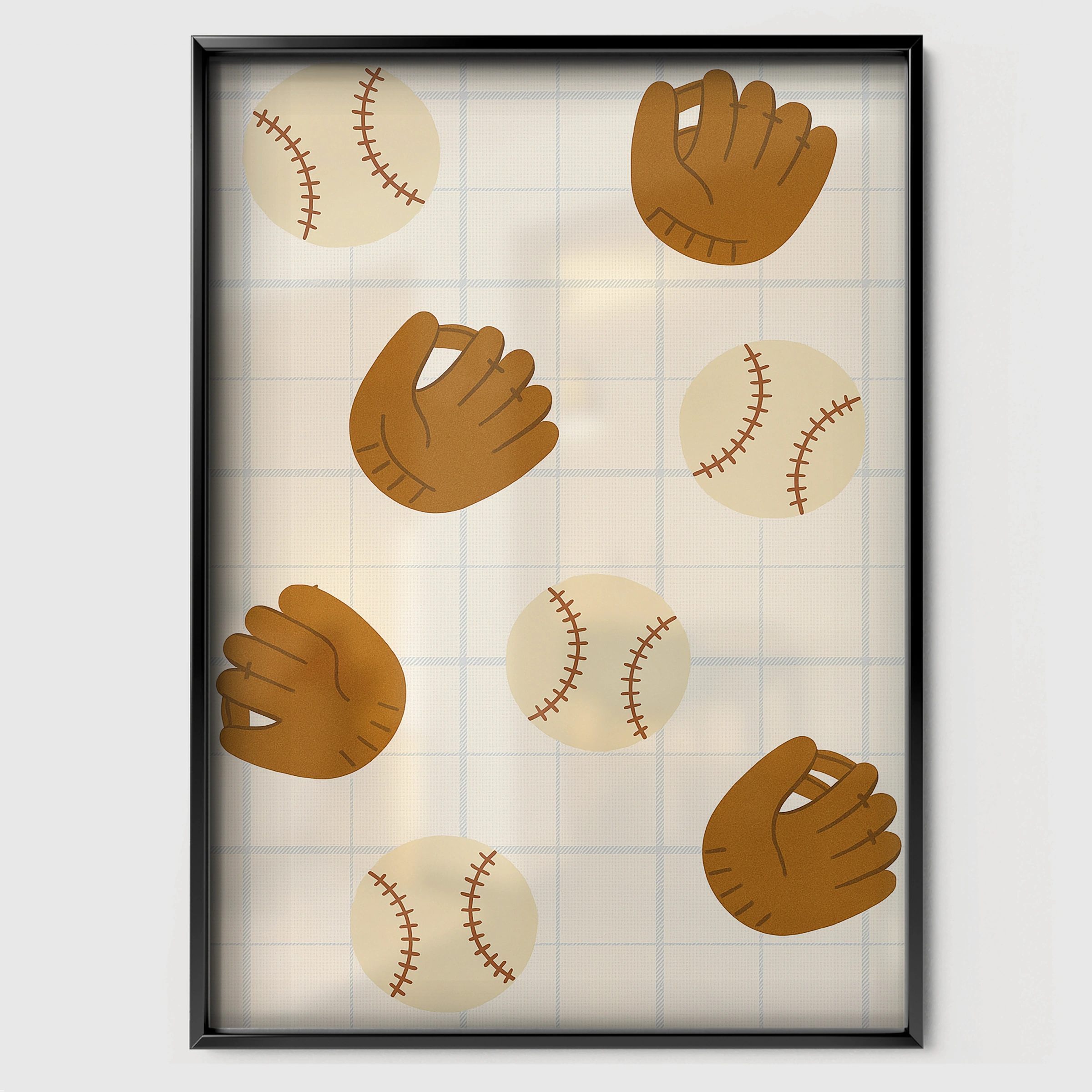 Baseball Gloves Pattern Nursery Print - black framed nursery wall art print
