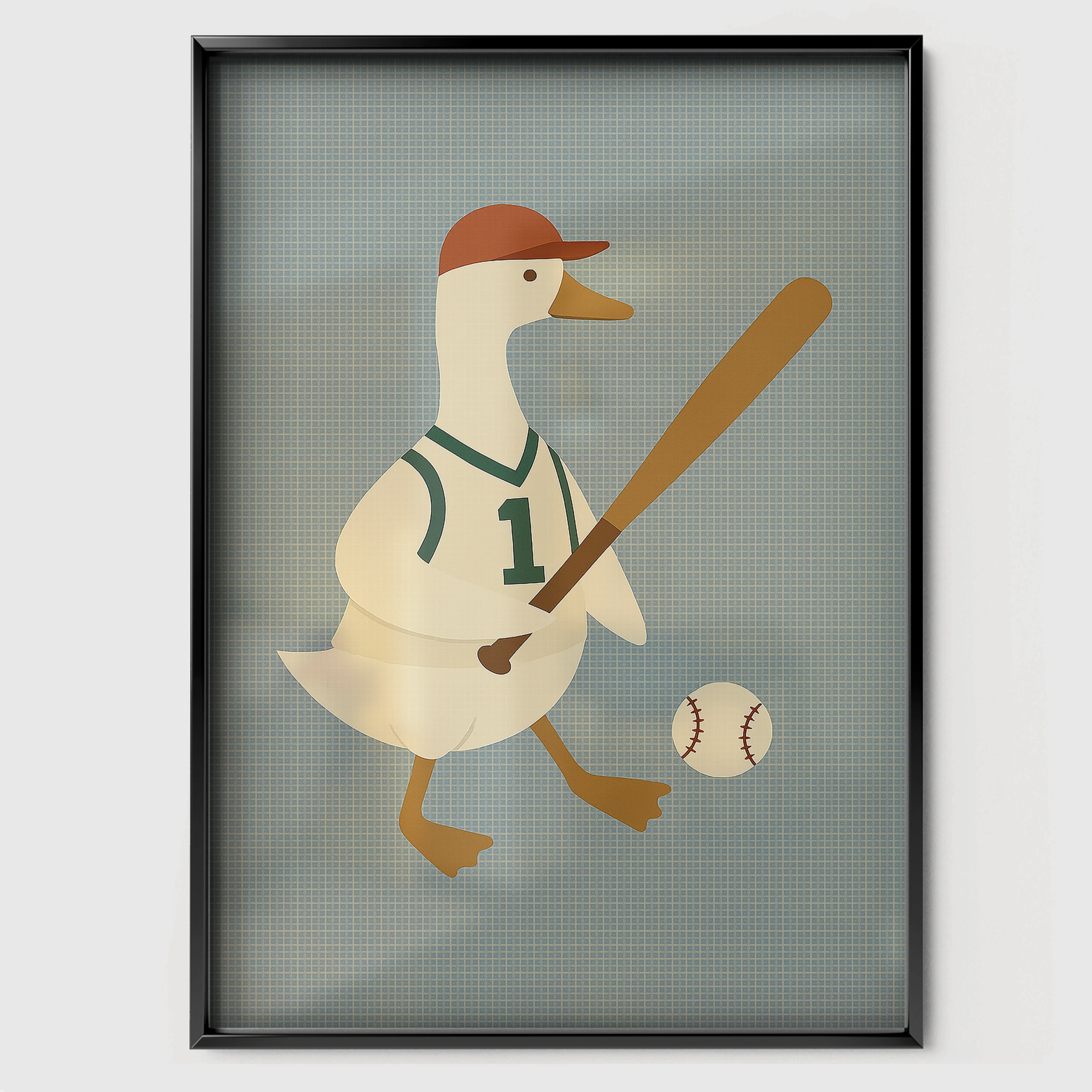 Baseball Goose Batter Nursery Print - black framed nursery wall art print