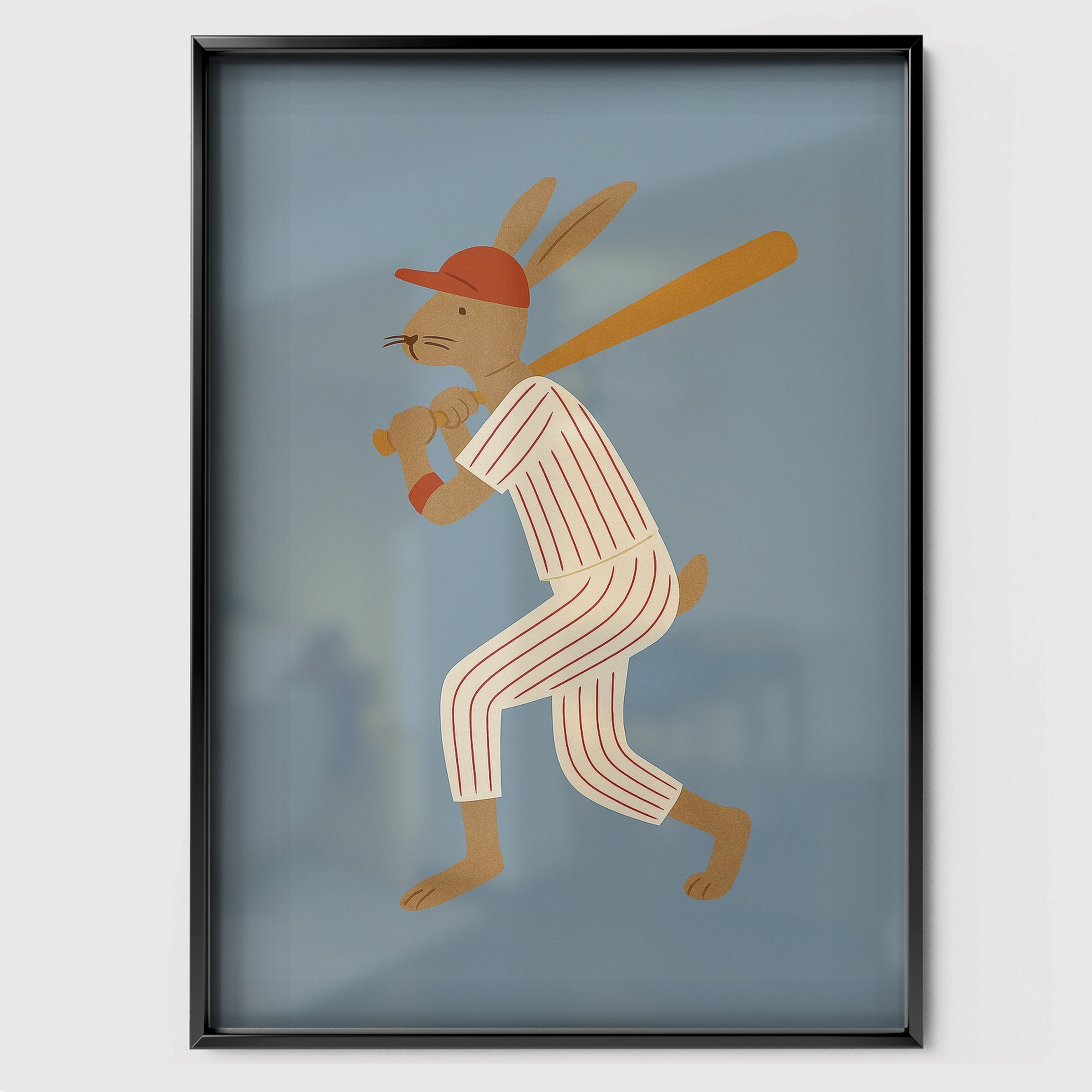Baseball Rabbit Nursery Print - black framed nursery wall art print