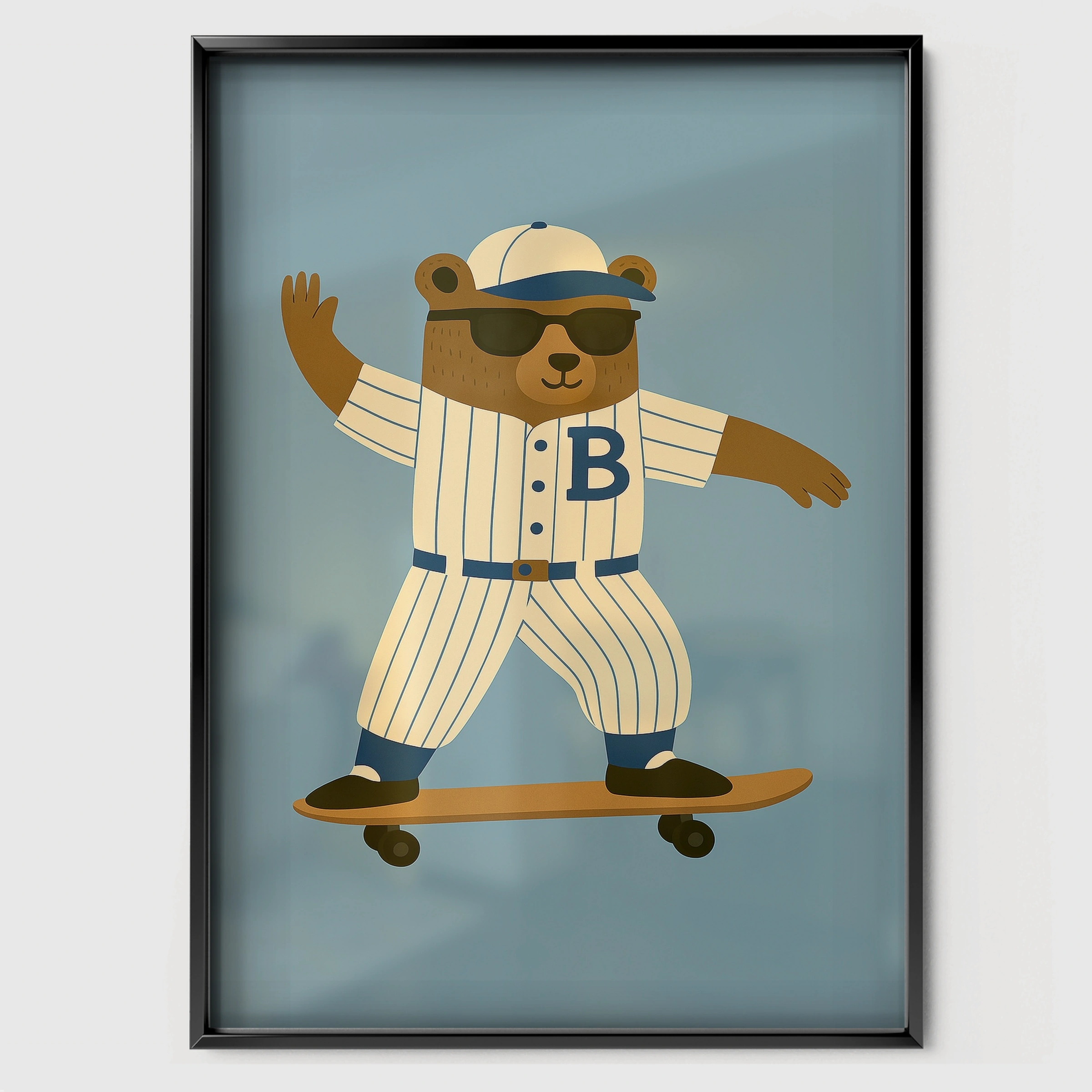 Baseball Skater Bear Nursery Print - black framed nursery wall art print