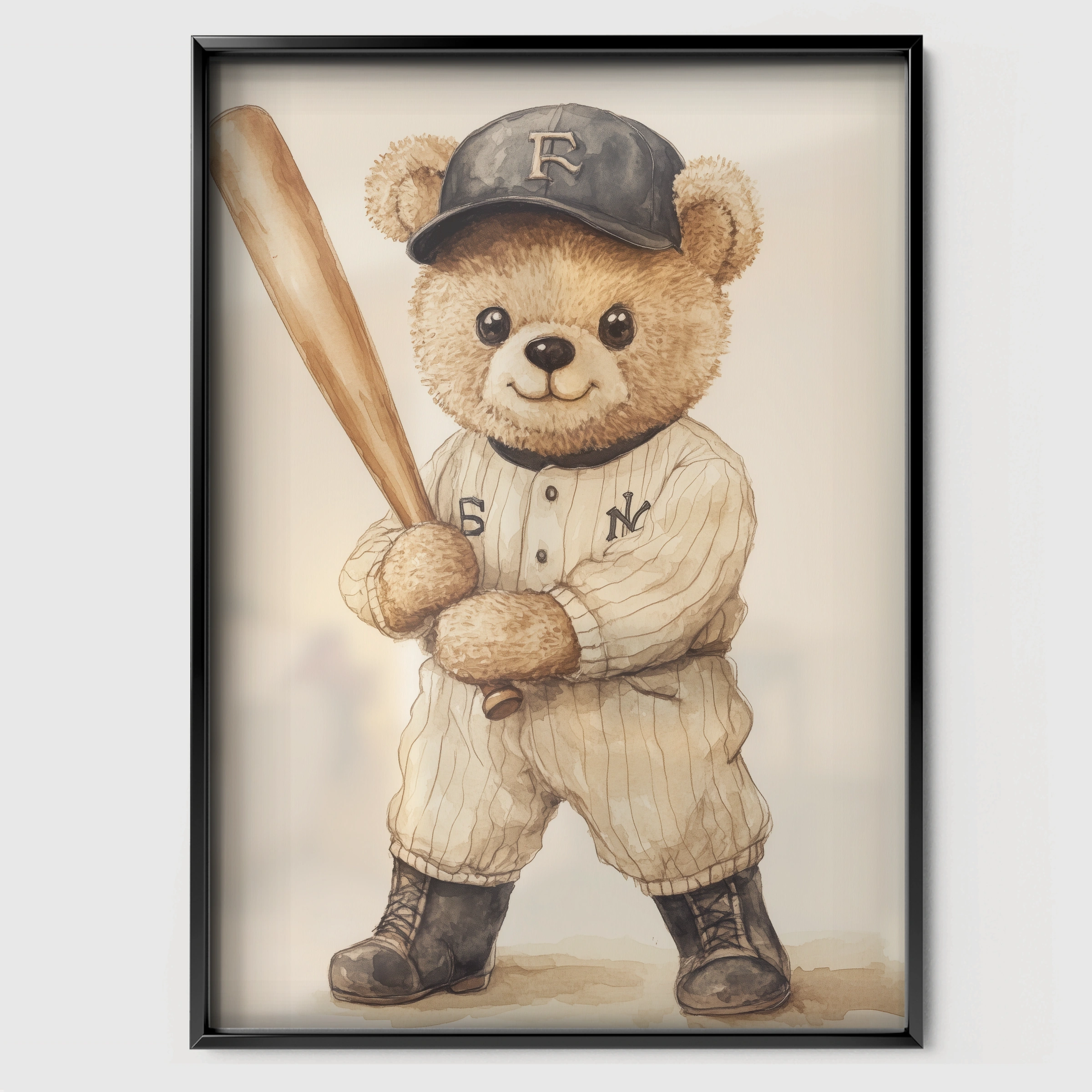 Baseball Teddy Bear Nursery Print - black framed nursery wall art print