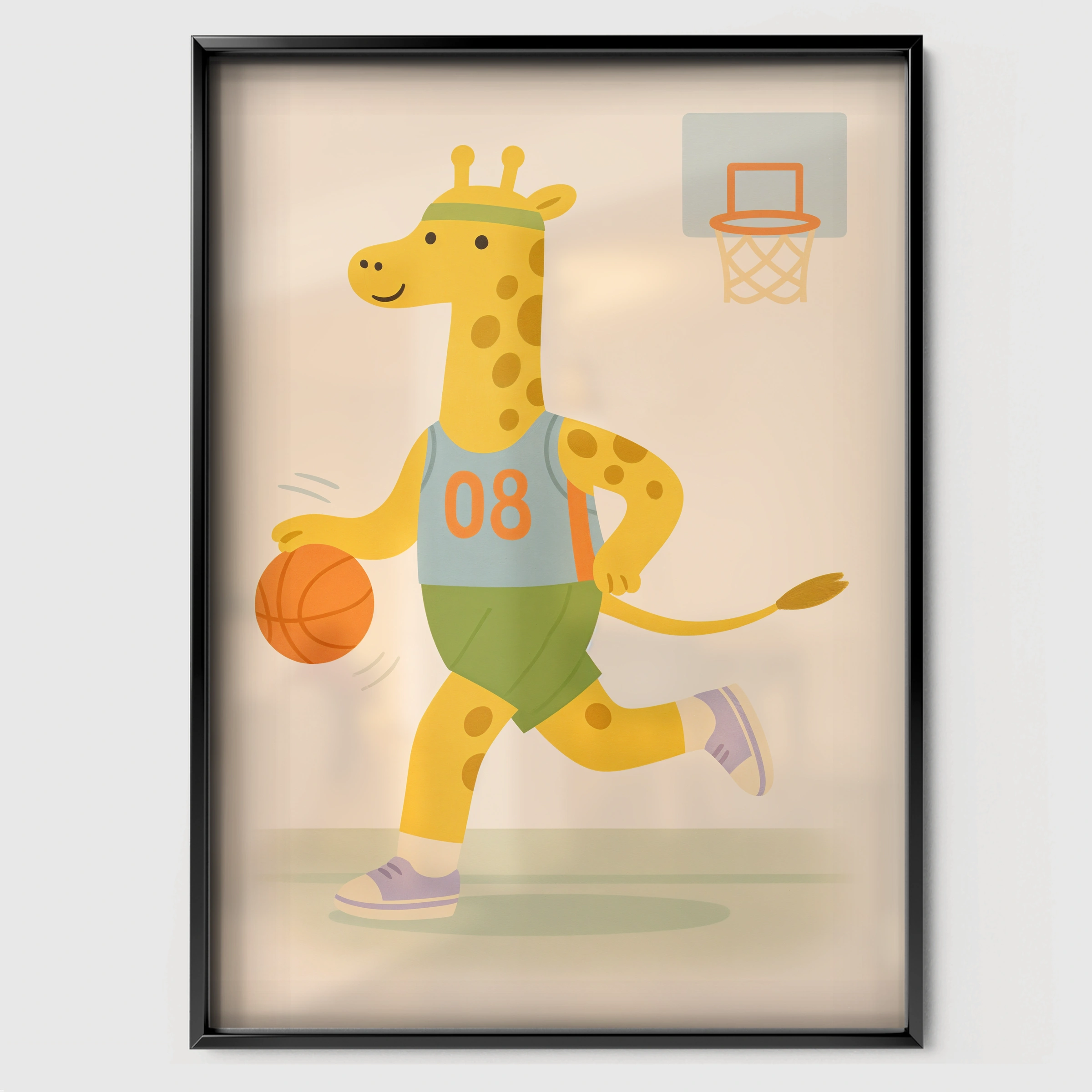 Basketball Giraffe Nursery Print - black framed nursery wall art print