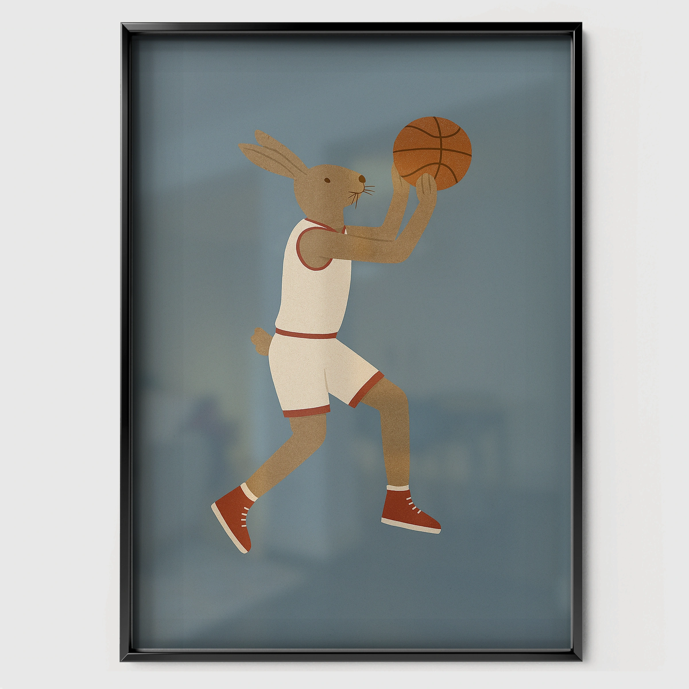 Basketball Rabbit Four Nursery Print - black framed nursery wall art print