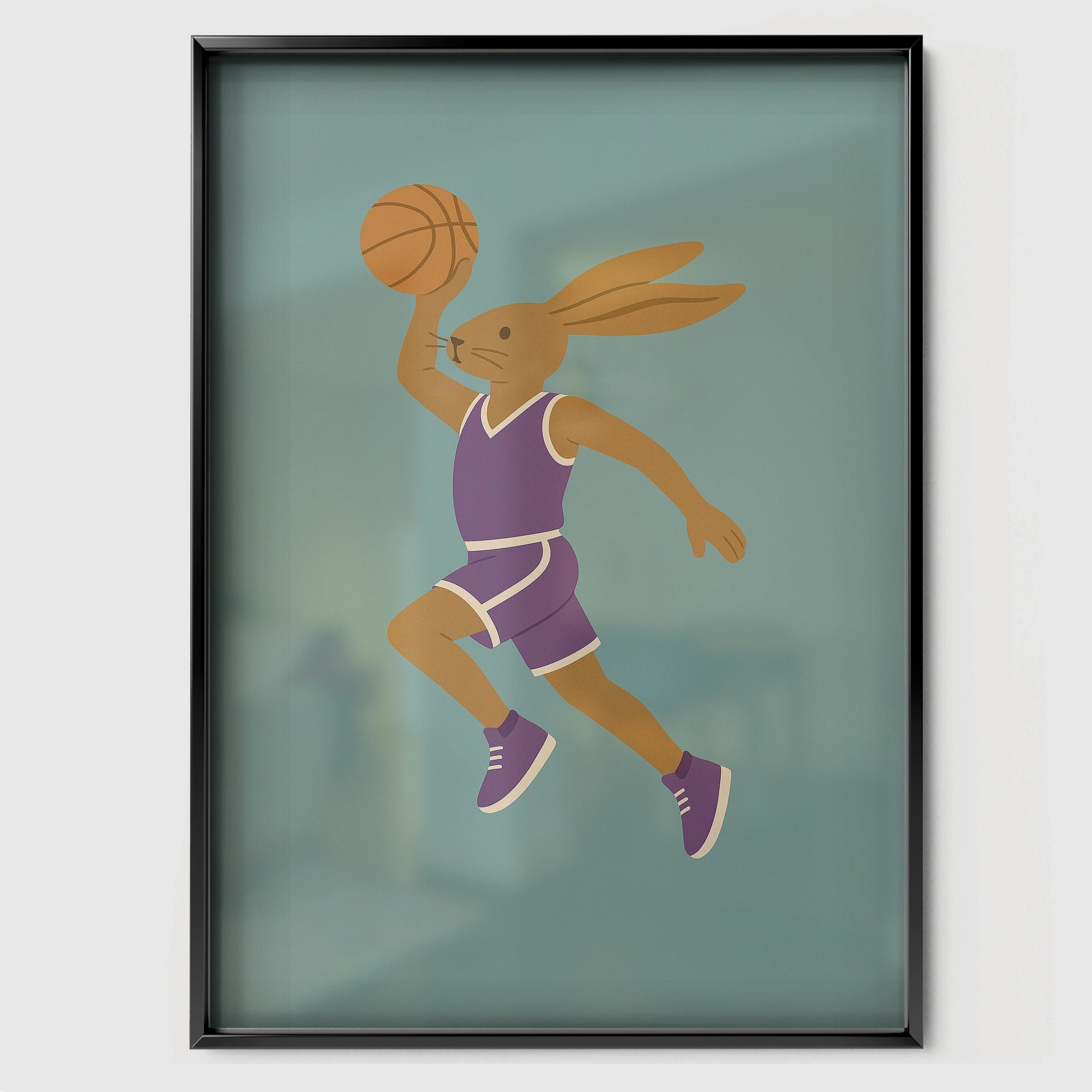Basketball Rabbit Nursery Print - black framed nursery wall art print