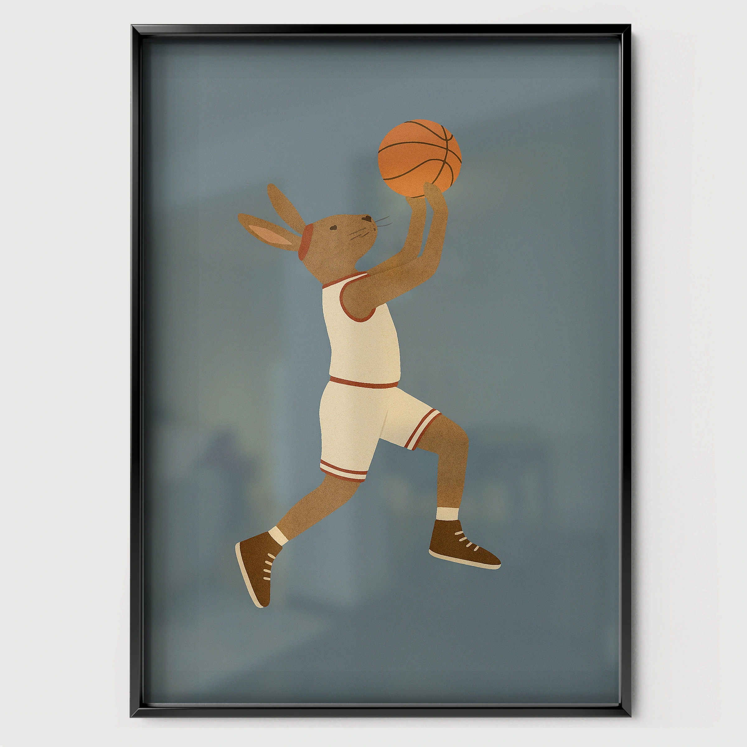 Basketball Rabbit Three Nursery Print - black framed nursery wall art print