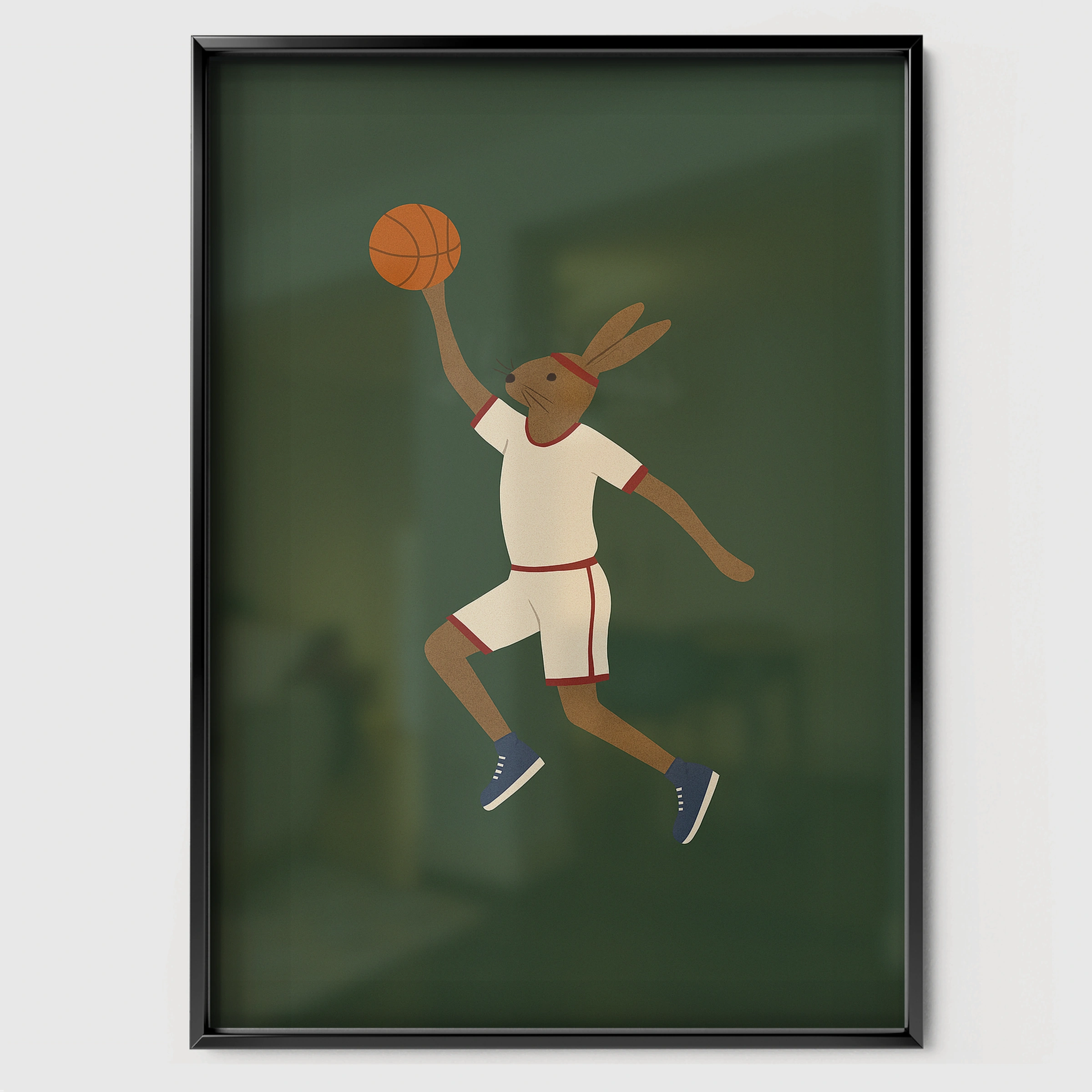 Basketball Rabbit Two Nursery Print - black framed nursery wall art print