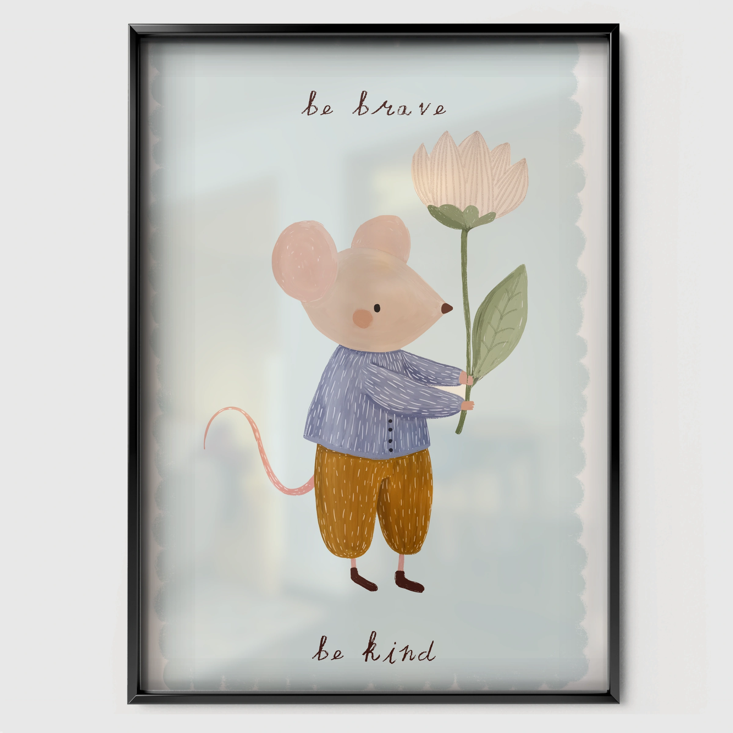 Be Brave Be Kind Mouse Nursery Print - black framed nursery wall art print