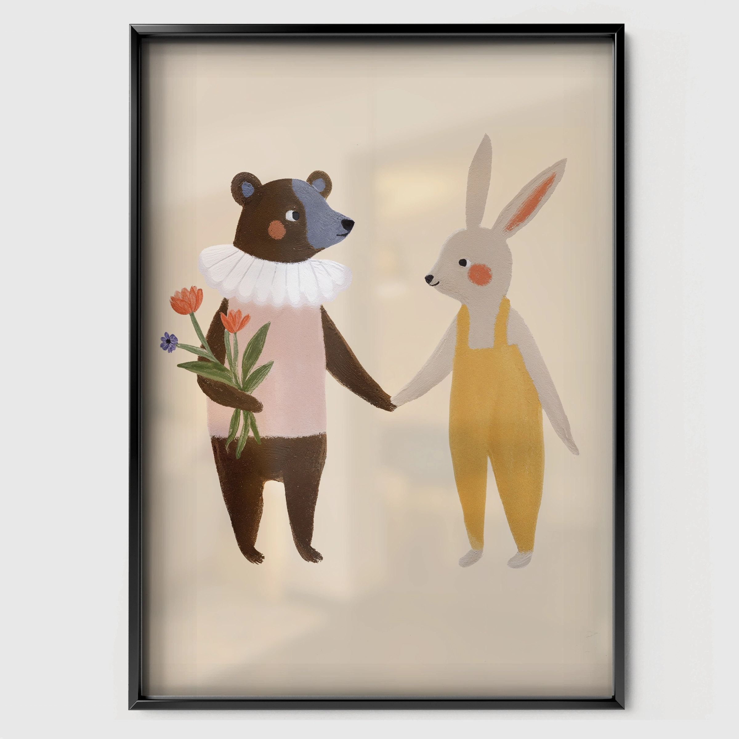 Bear and Bunny Nursery Print - black framed nursery wall art print