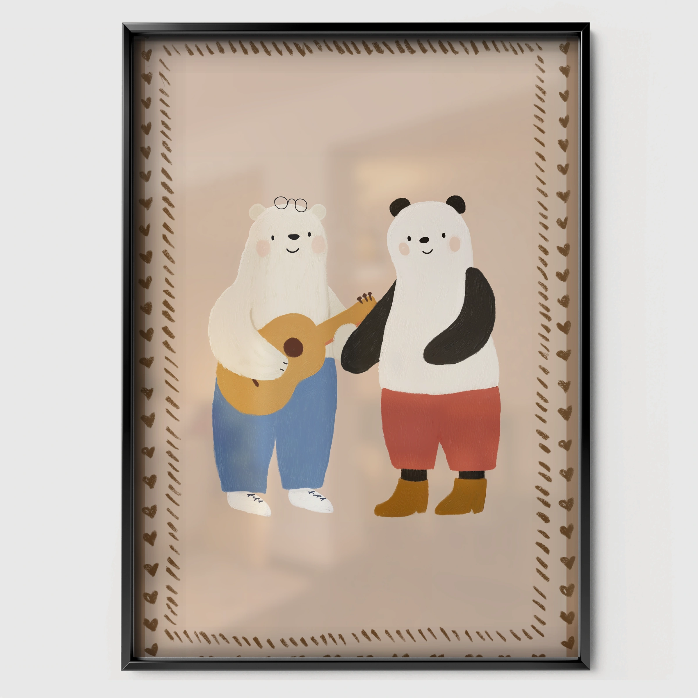 Bear and Panda Band Nursery Print - black framed nursery wall art print