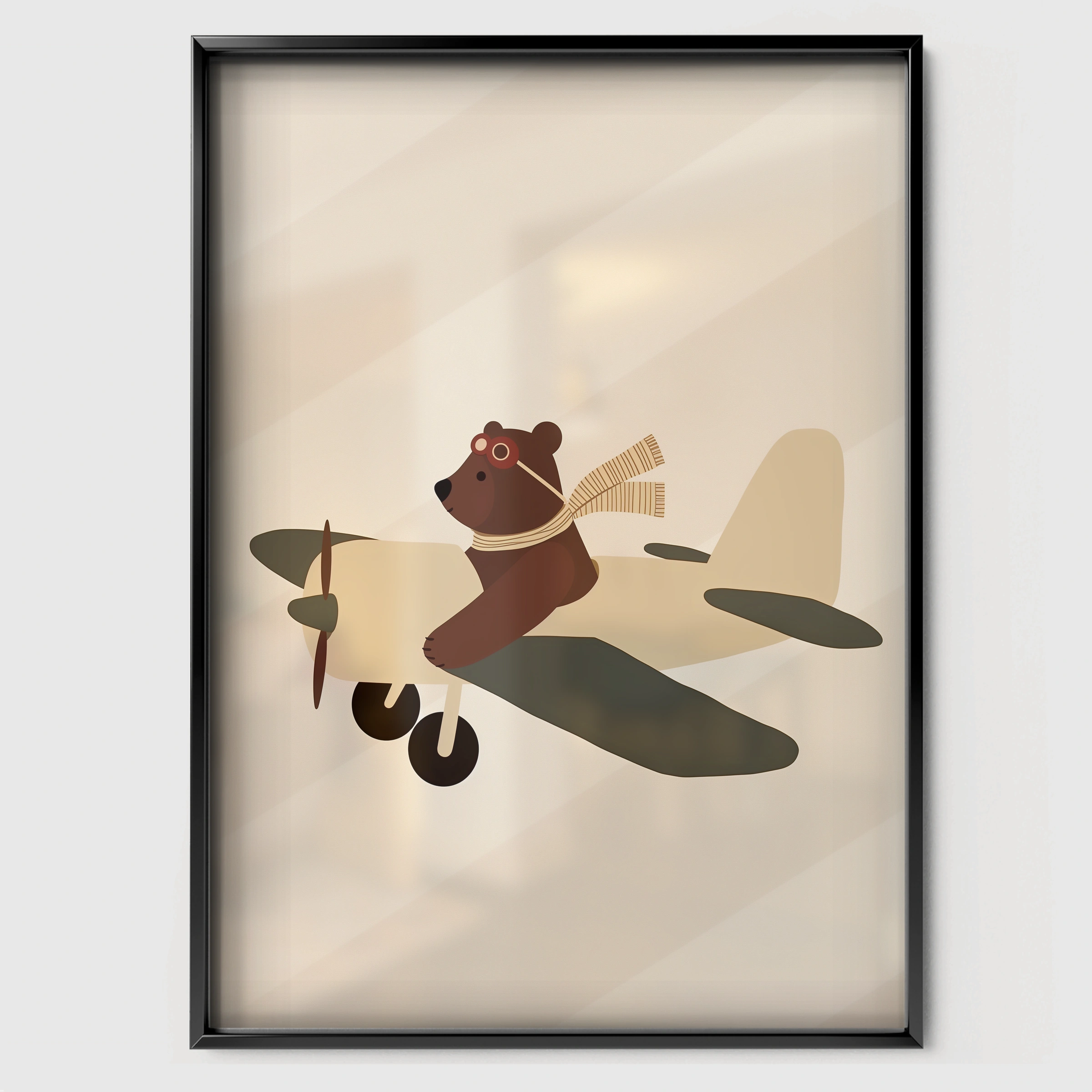 Bear Aviator in a Plane Nursery Print - black framed nursery wall art print