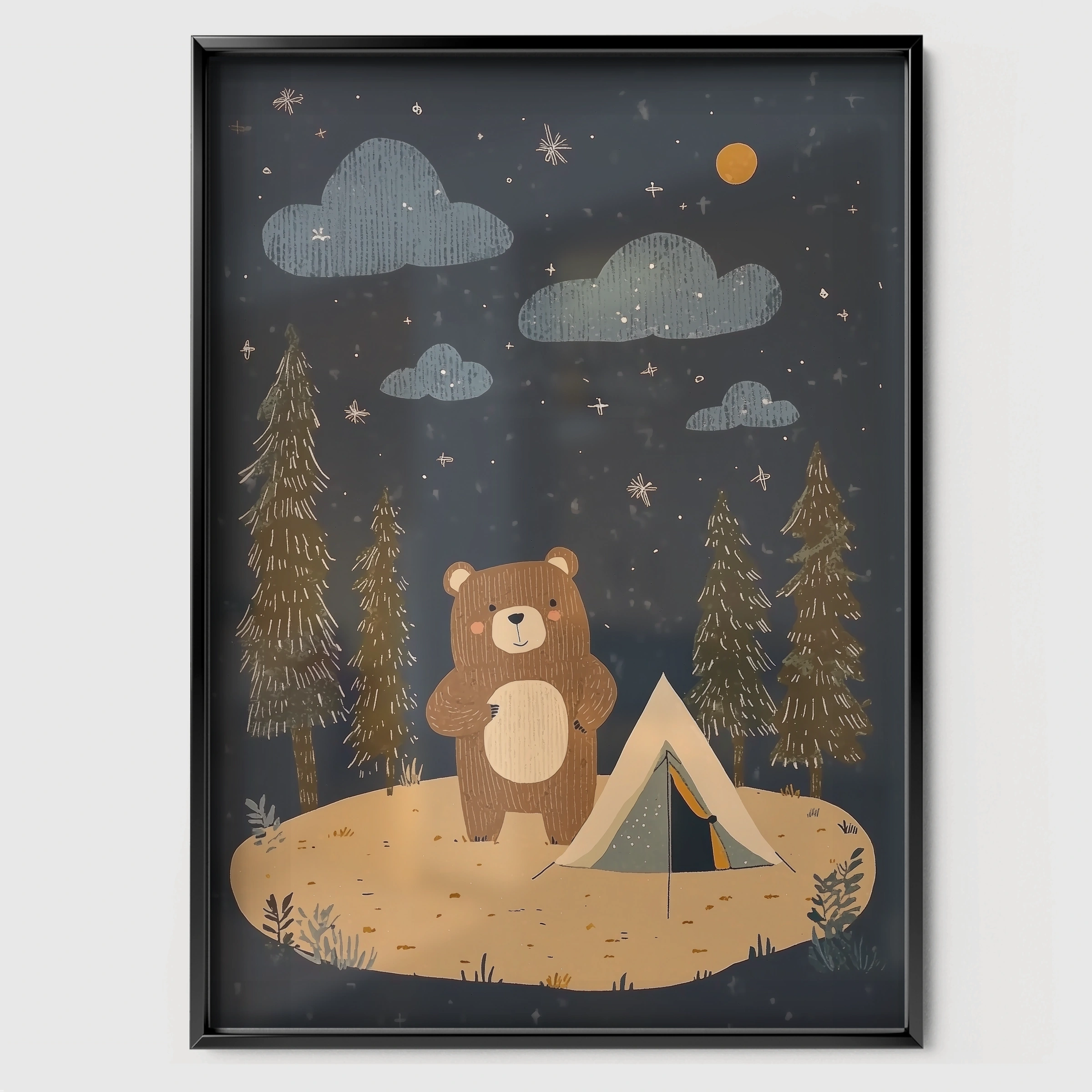 Bear Camping Nursery Print - black framed nursery wall art print