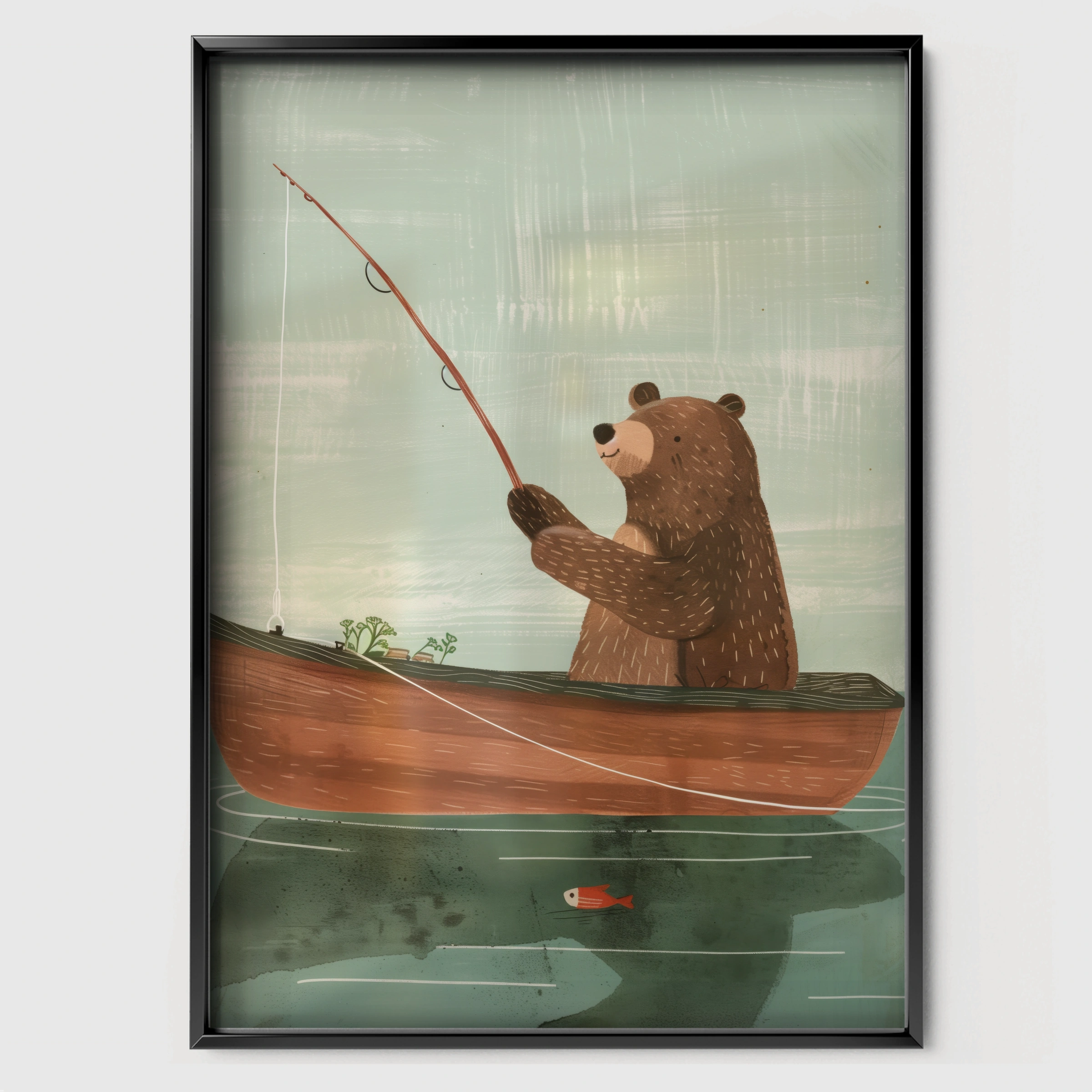 Bear Fishing at Dawn Nursery Print - black framed nursery wall art print