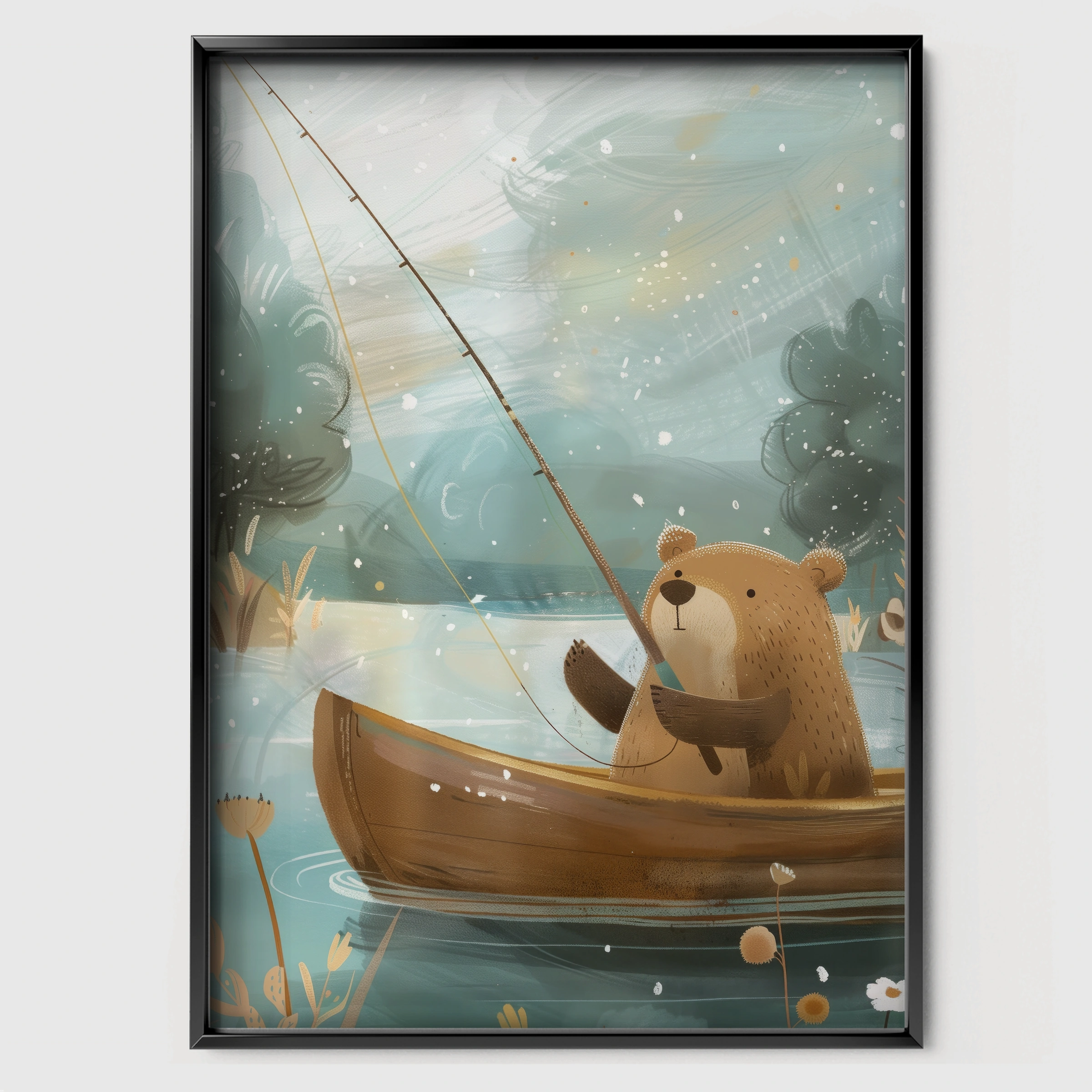 Bear Fishing Nursery Print - black framed nursery wall art print