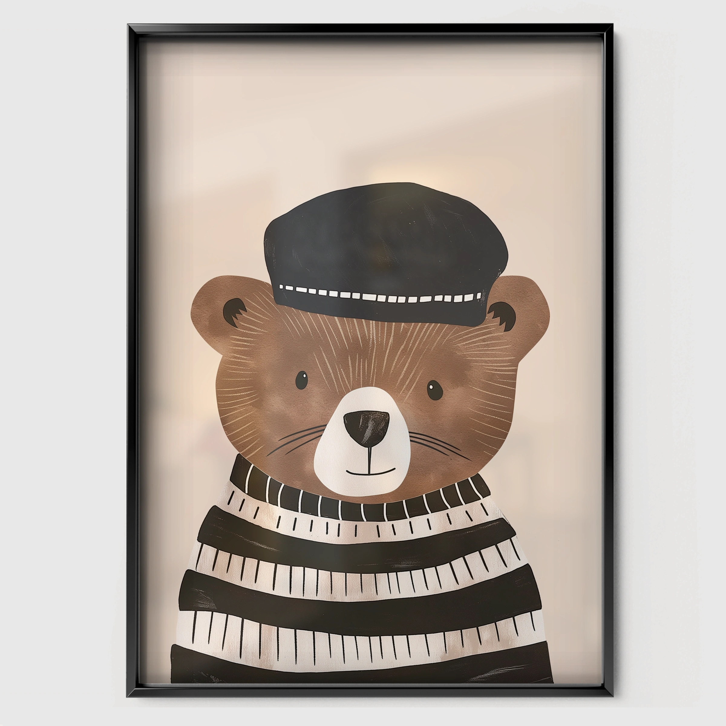 Bear in a Beret Nursery Print - black framed nursery wall art print