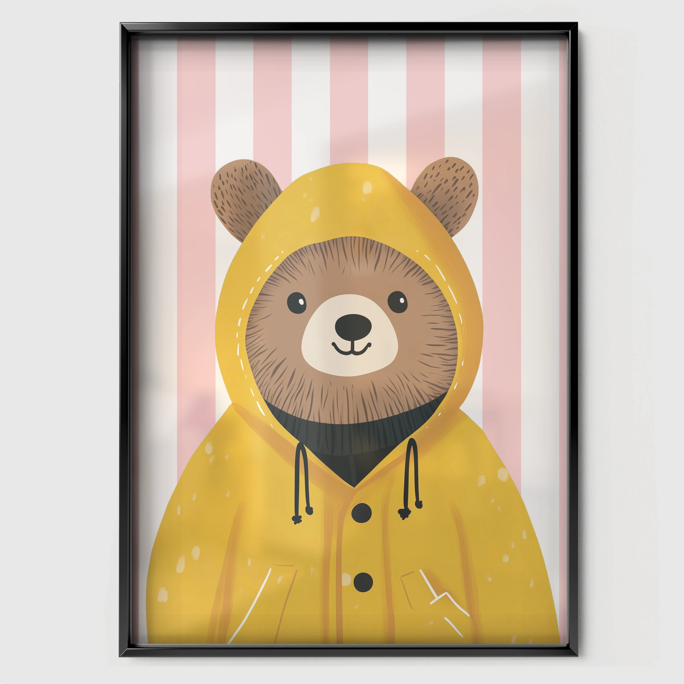 Bear in a Raincoat Nursery Print - black framed nursery wall art print