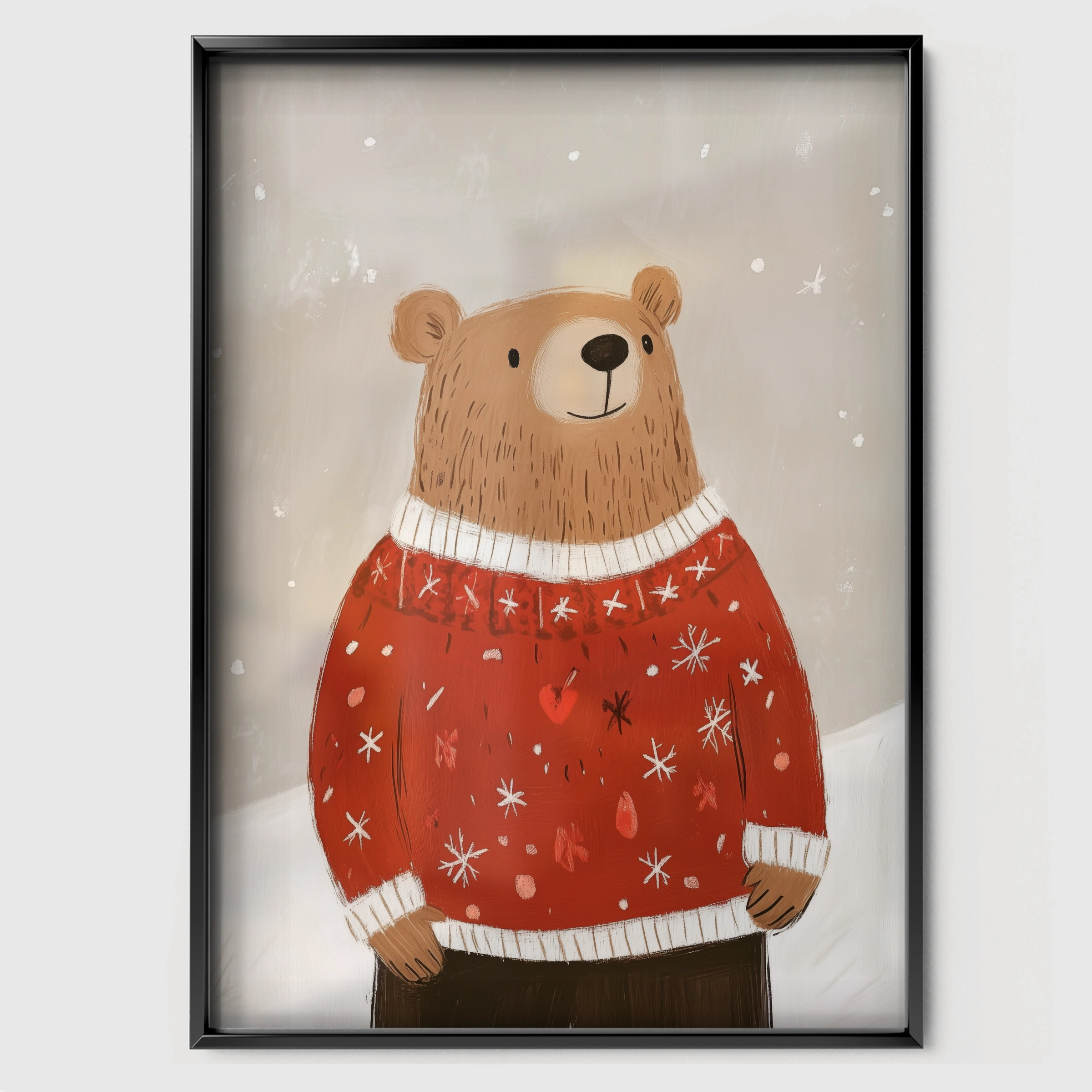 Bear in a Red Sweater Christmas Print - black framed nursery wall art print
