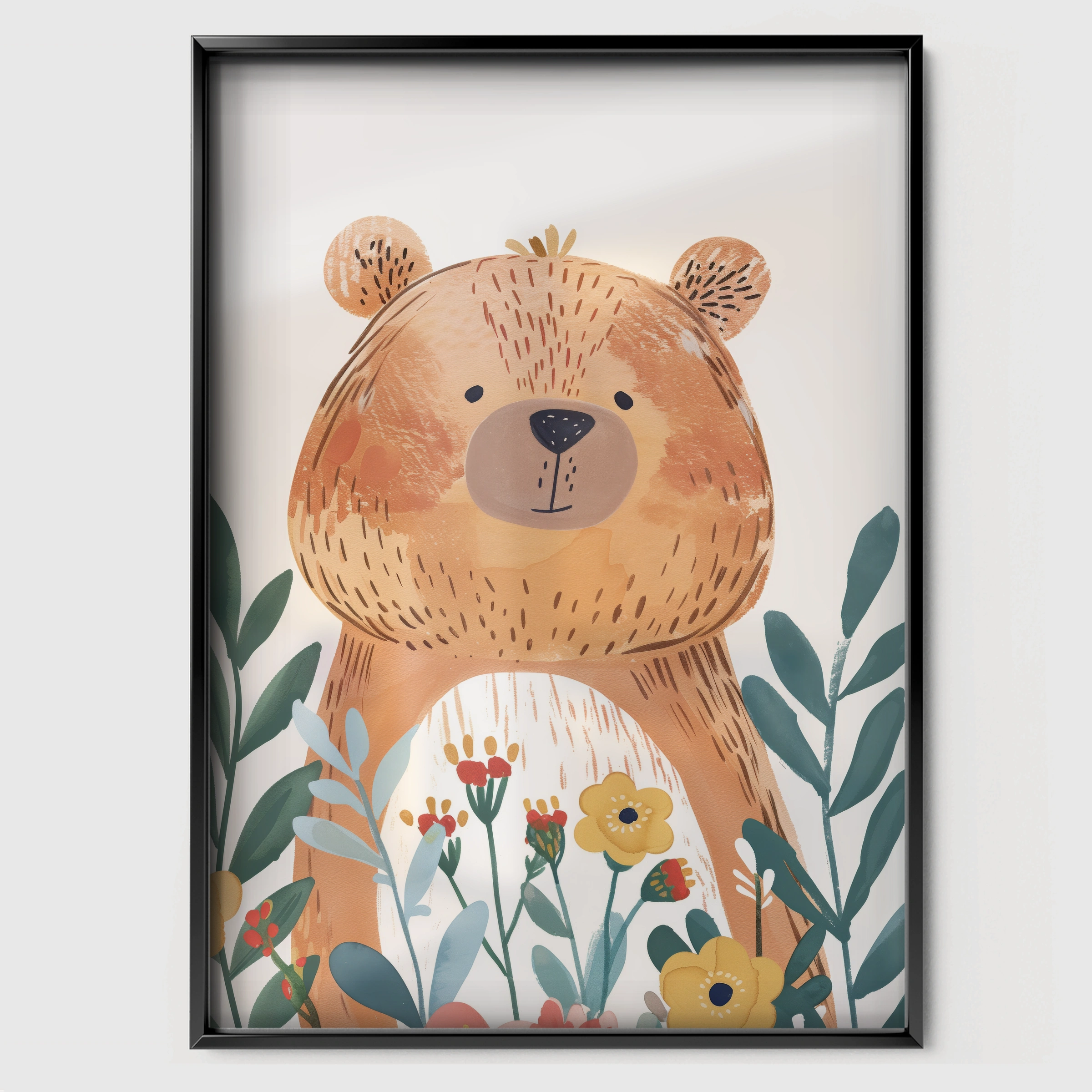 Bear in Flowers Nursery Print - black framed nursery wall art print