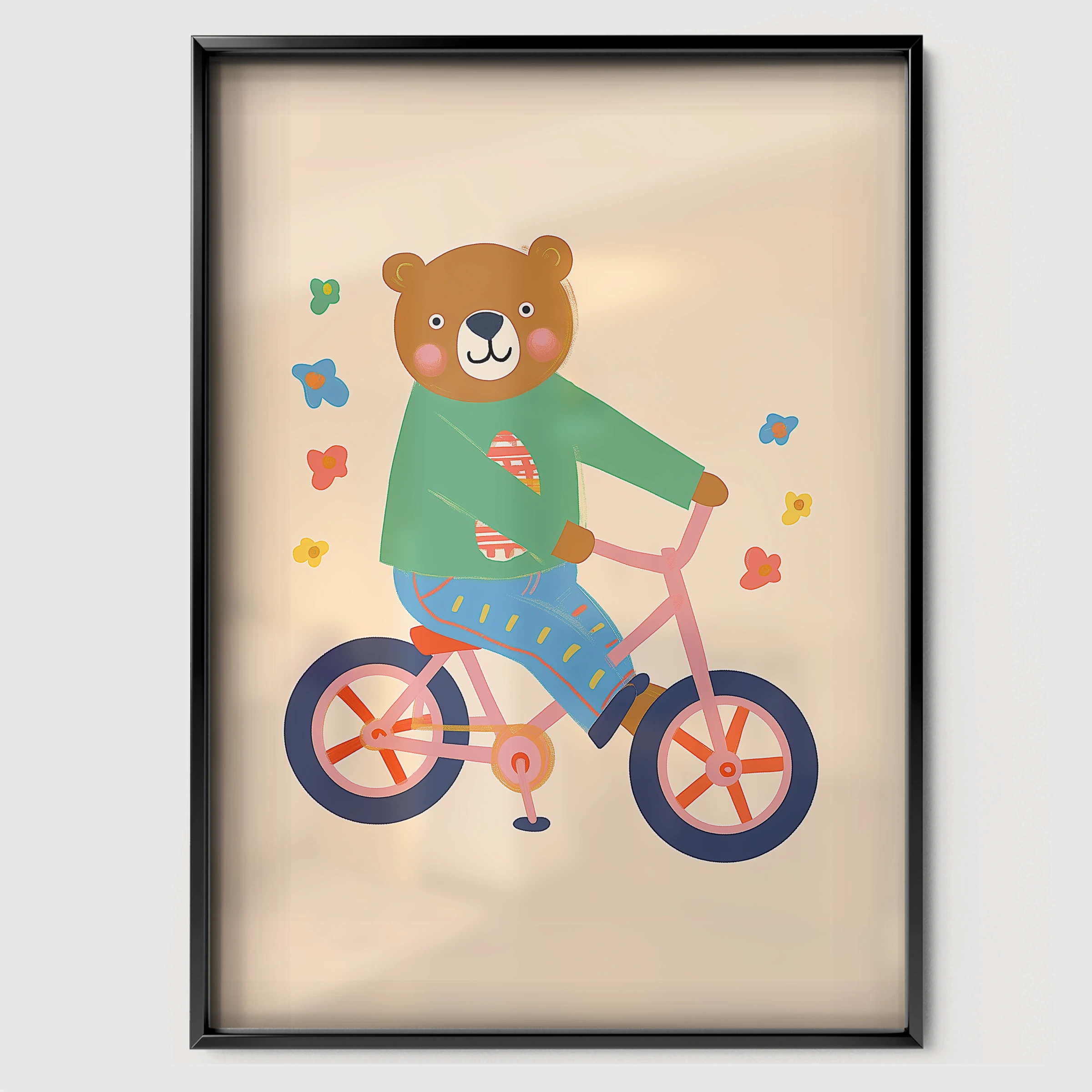 Bear on a Bicycle Nursery Print - black framed nursery wall art print