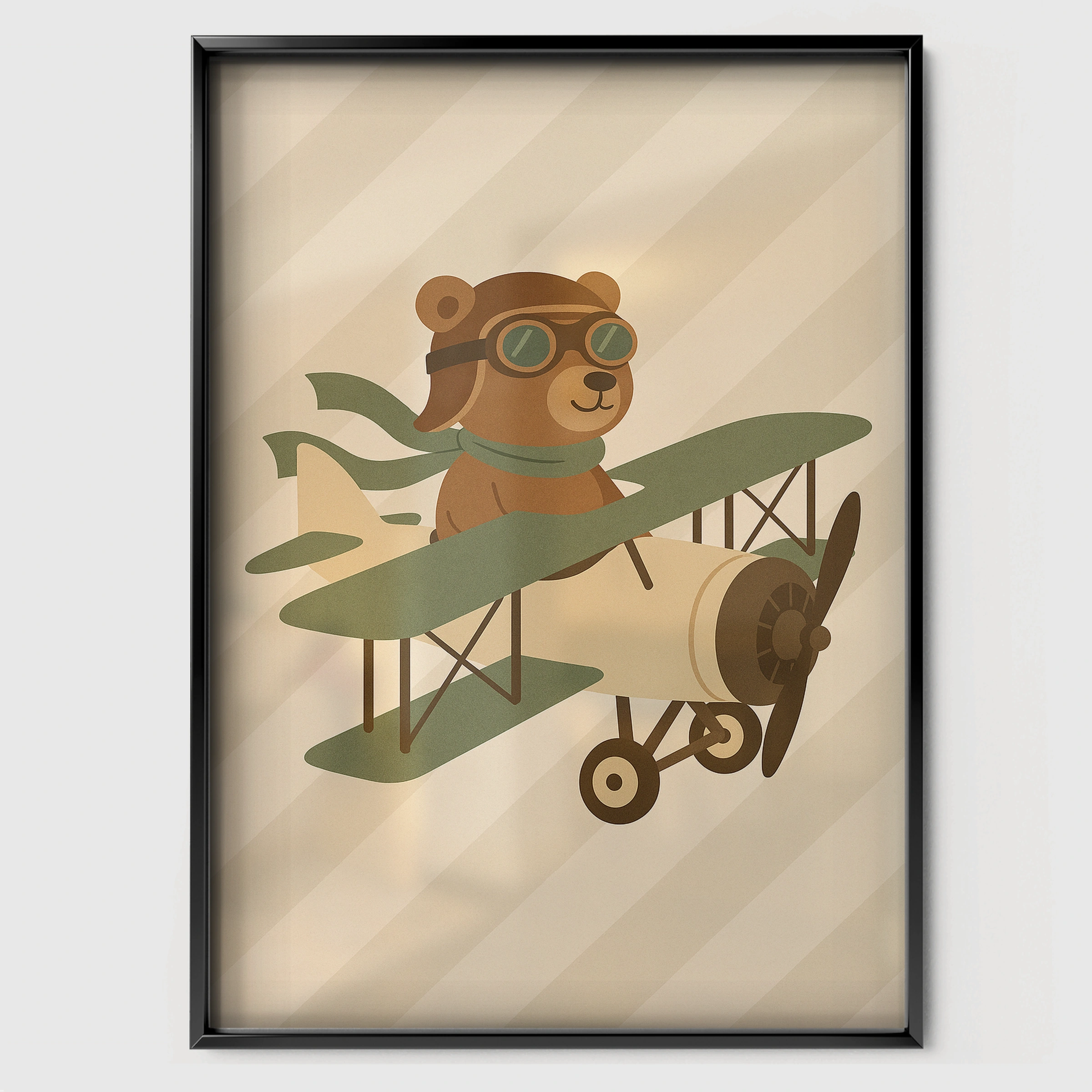 Bear Pilot Biplane Nursery Print - black framed nursery wall art print