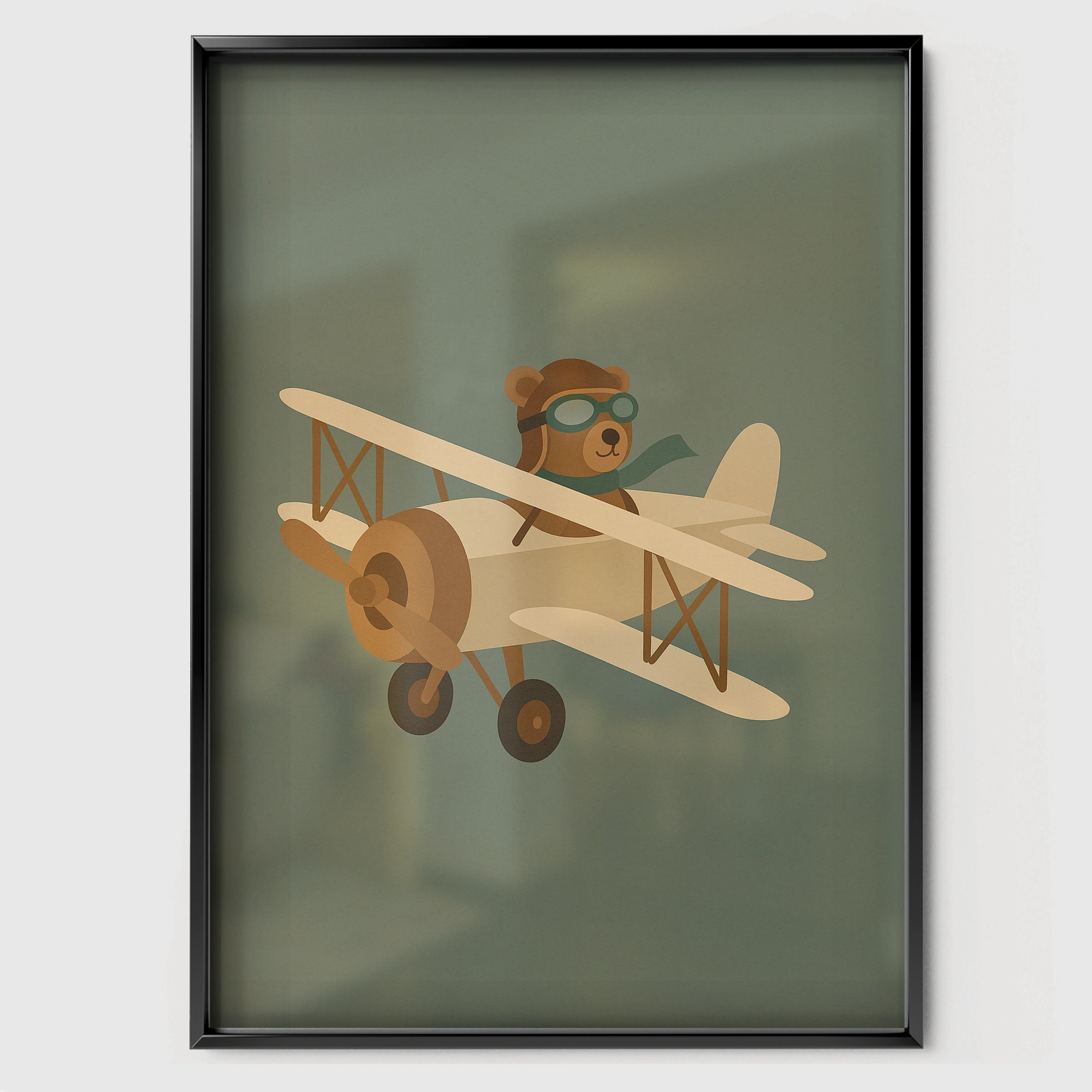 Bear Pilot in a Plane Nursery Print - black framed nursery wall art print