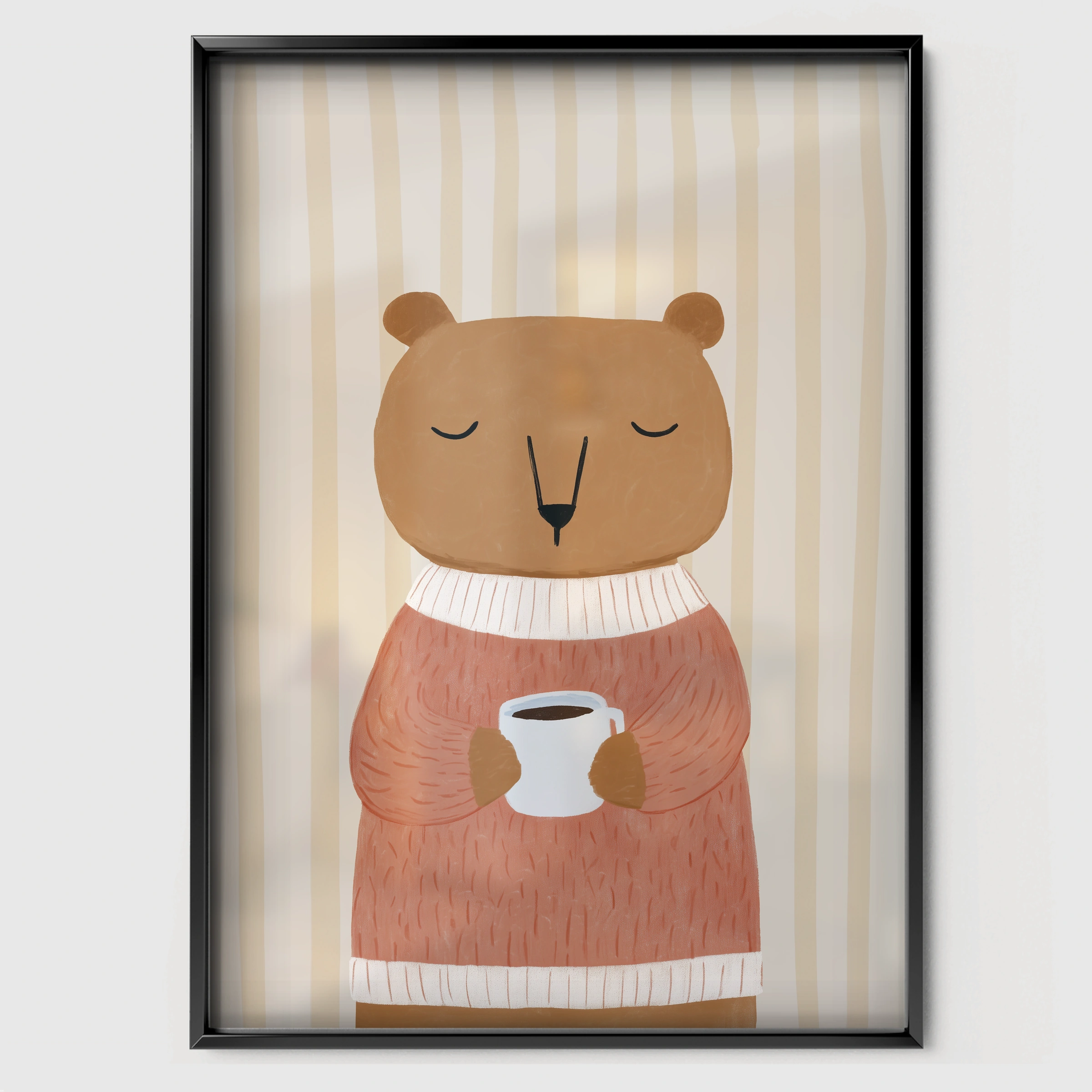 Bear with a Cup Nursery Print - black framed nursery wall art print