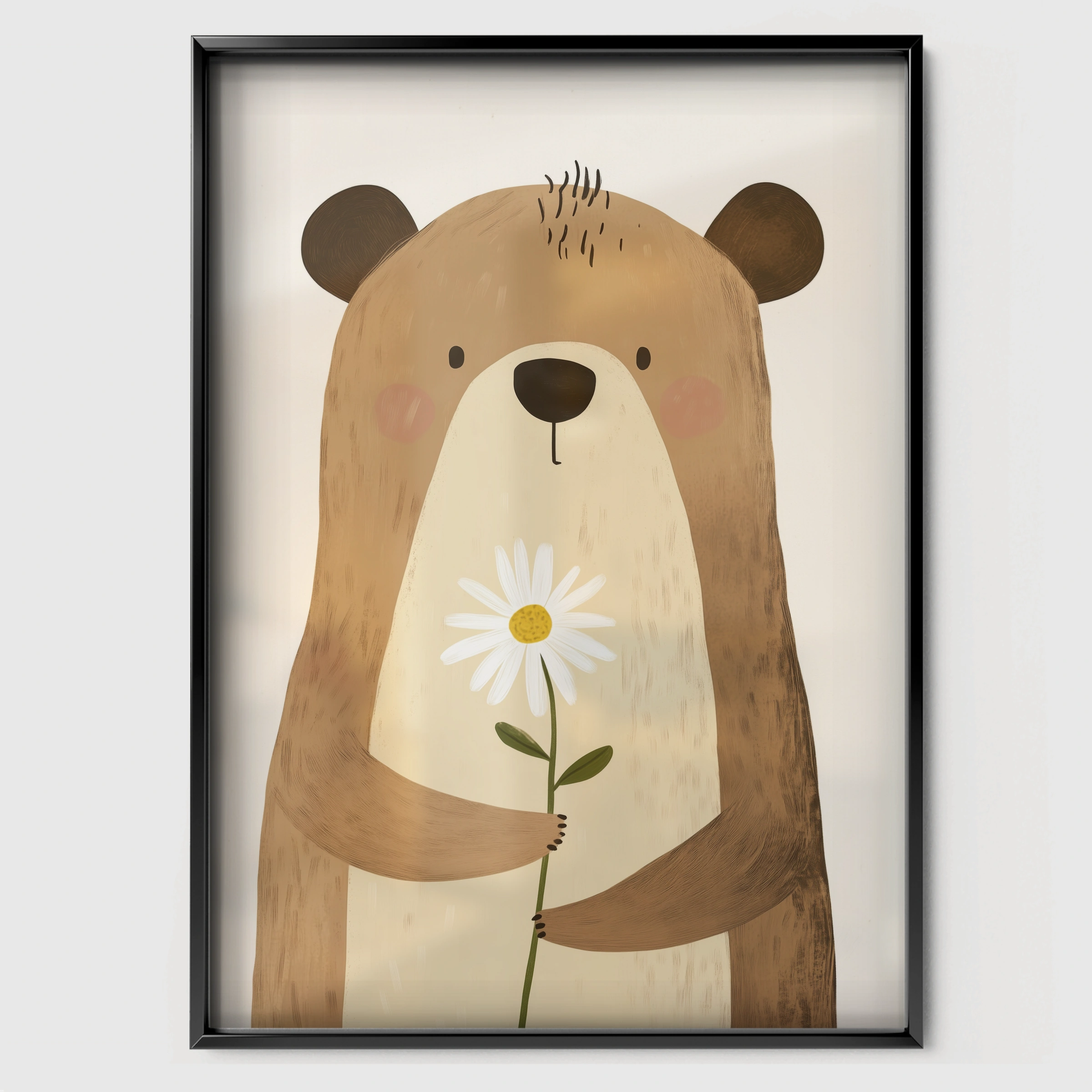 Bear with a Daisy Nursery Print - black framed nursery wall art print