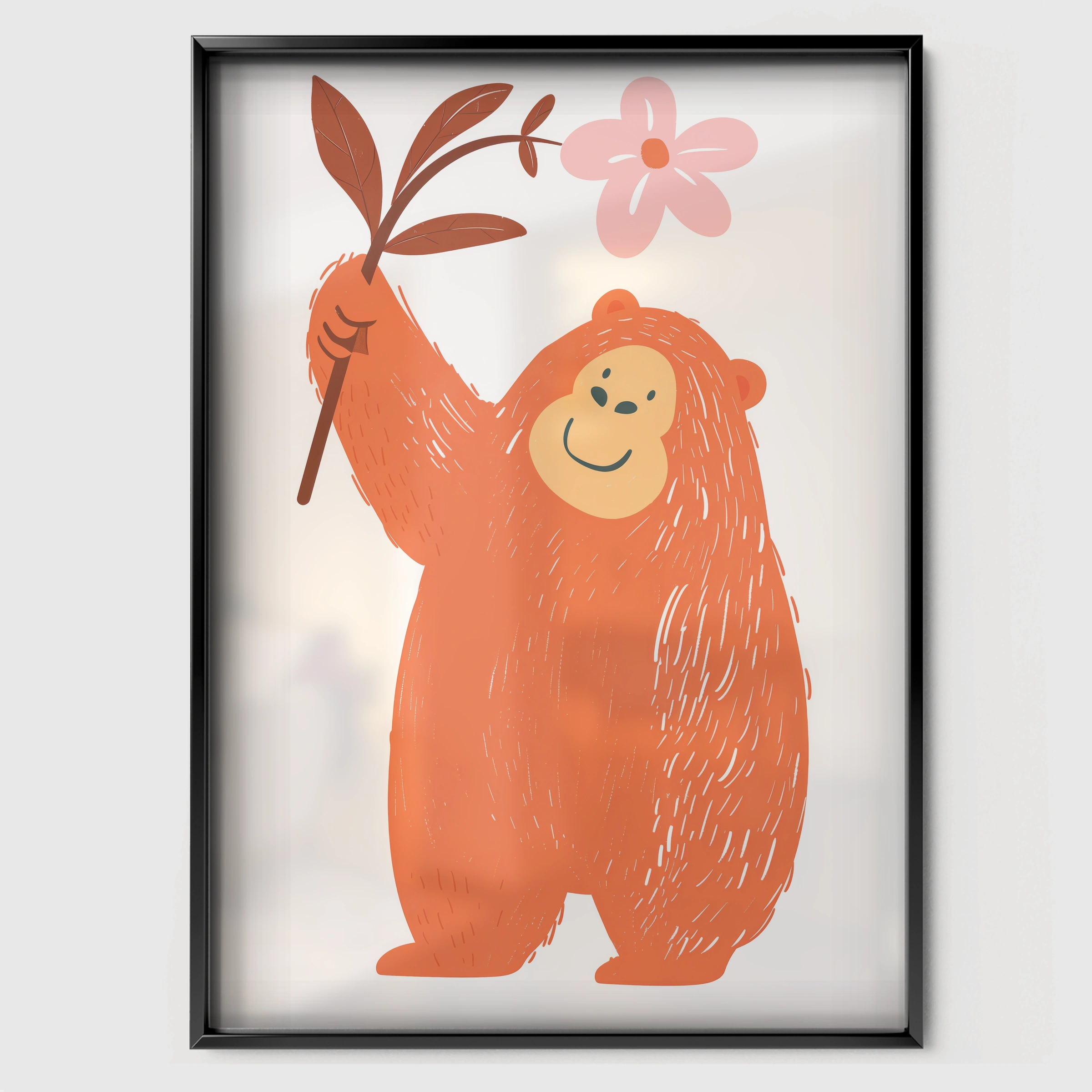 Bear with a Flower Nursery Print - black framed nursery wall art print