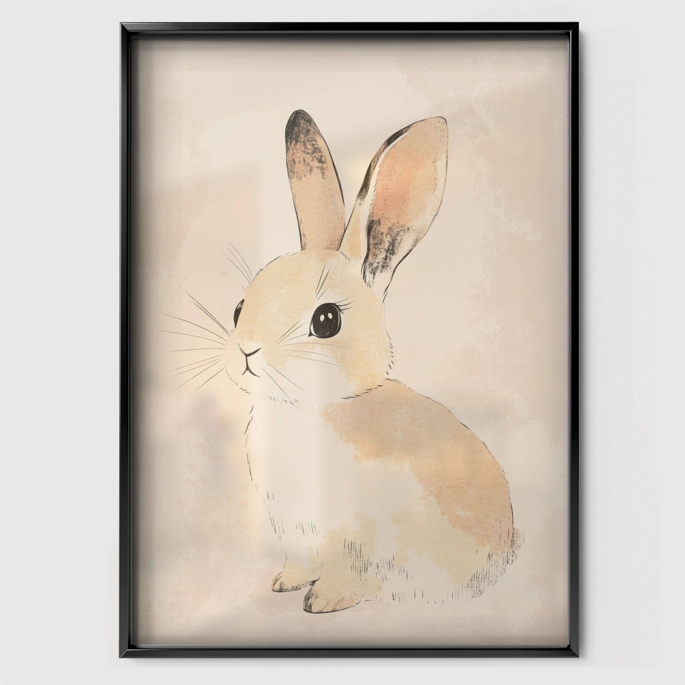 Beige Bunny Nursery Print - black framed nursery wall art print