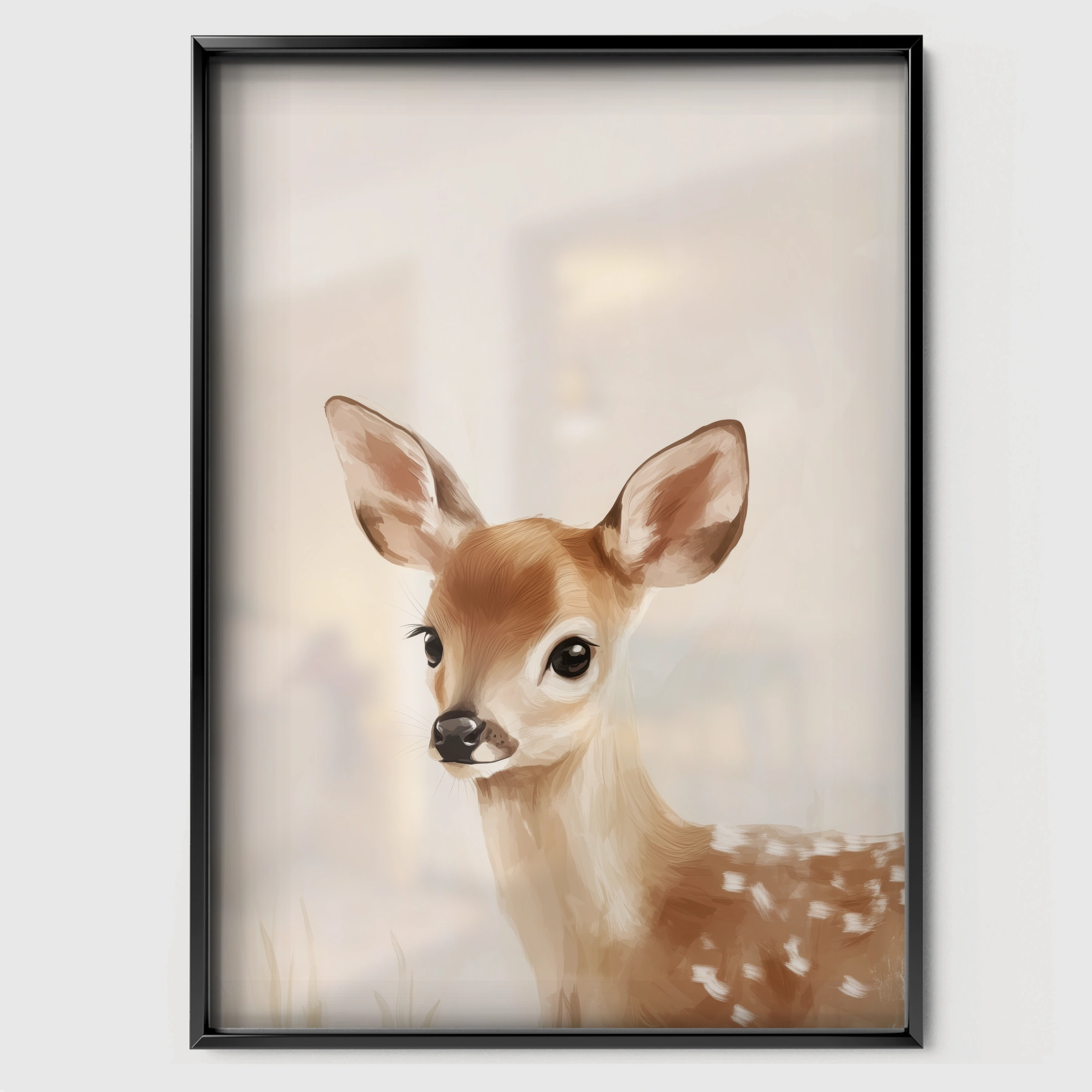 Beige Fawn Nursery Print - black framed nursery wall art print