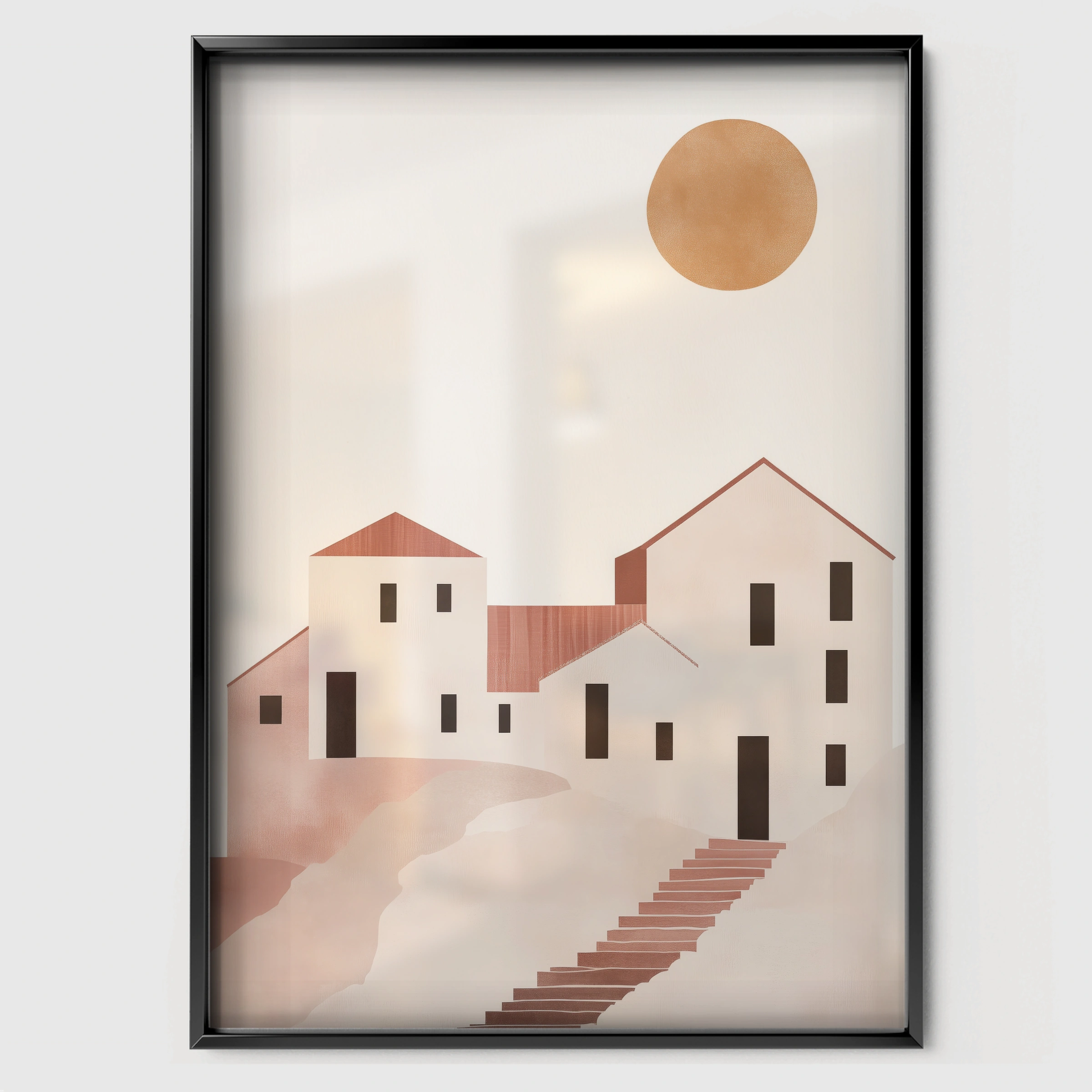 Beige Village Nursery Print - black framed nursery wall art print