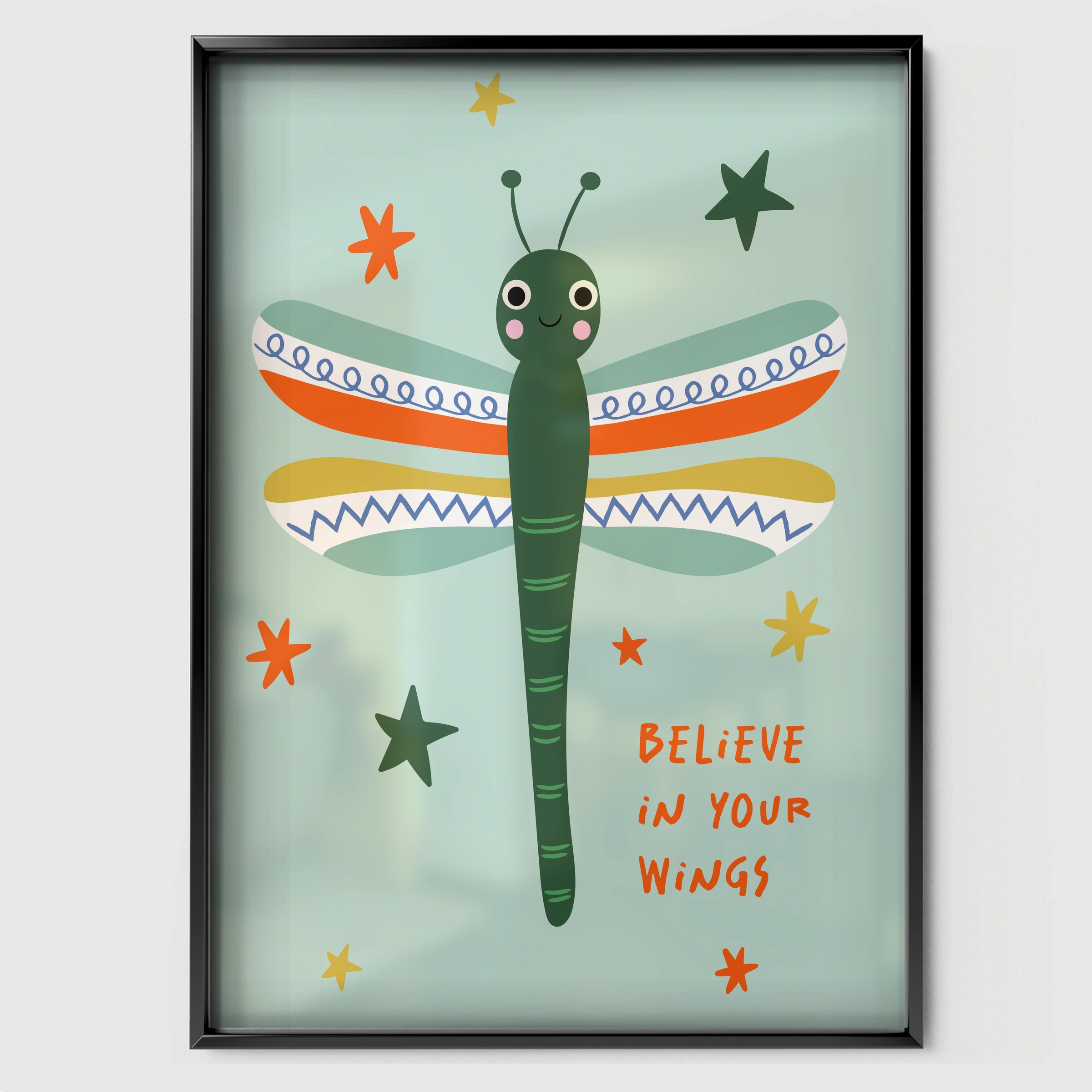 Believe Grasshopper Nursery Print - black framed nursery wall art print