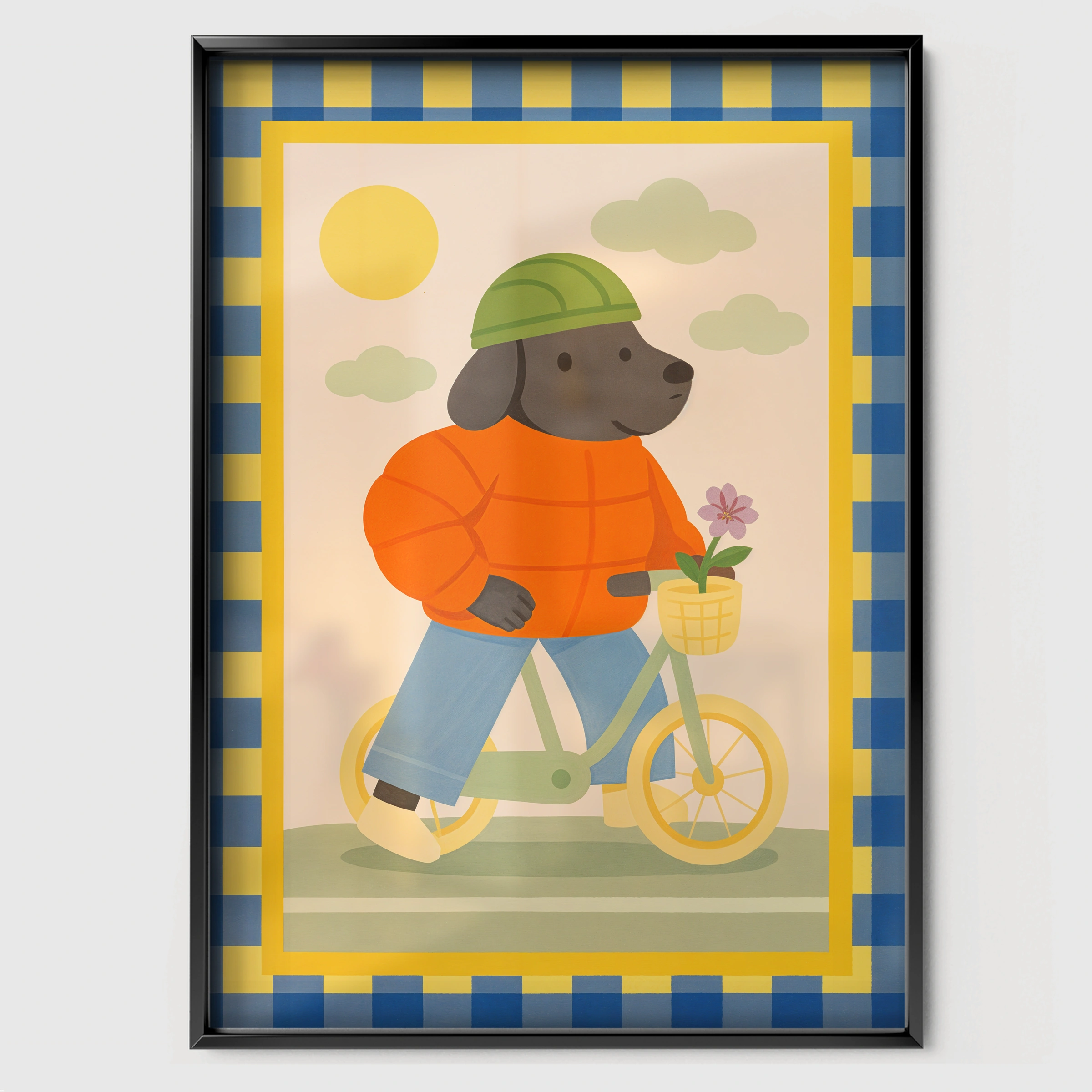 Bicycle Dog Nursery Print - black framed nursery wall art print