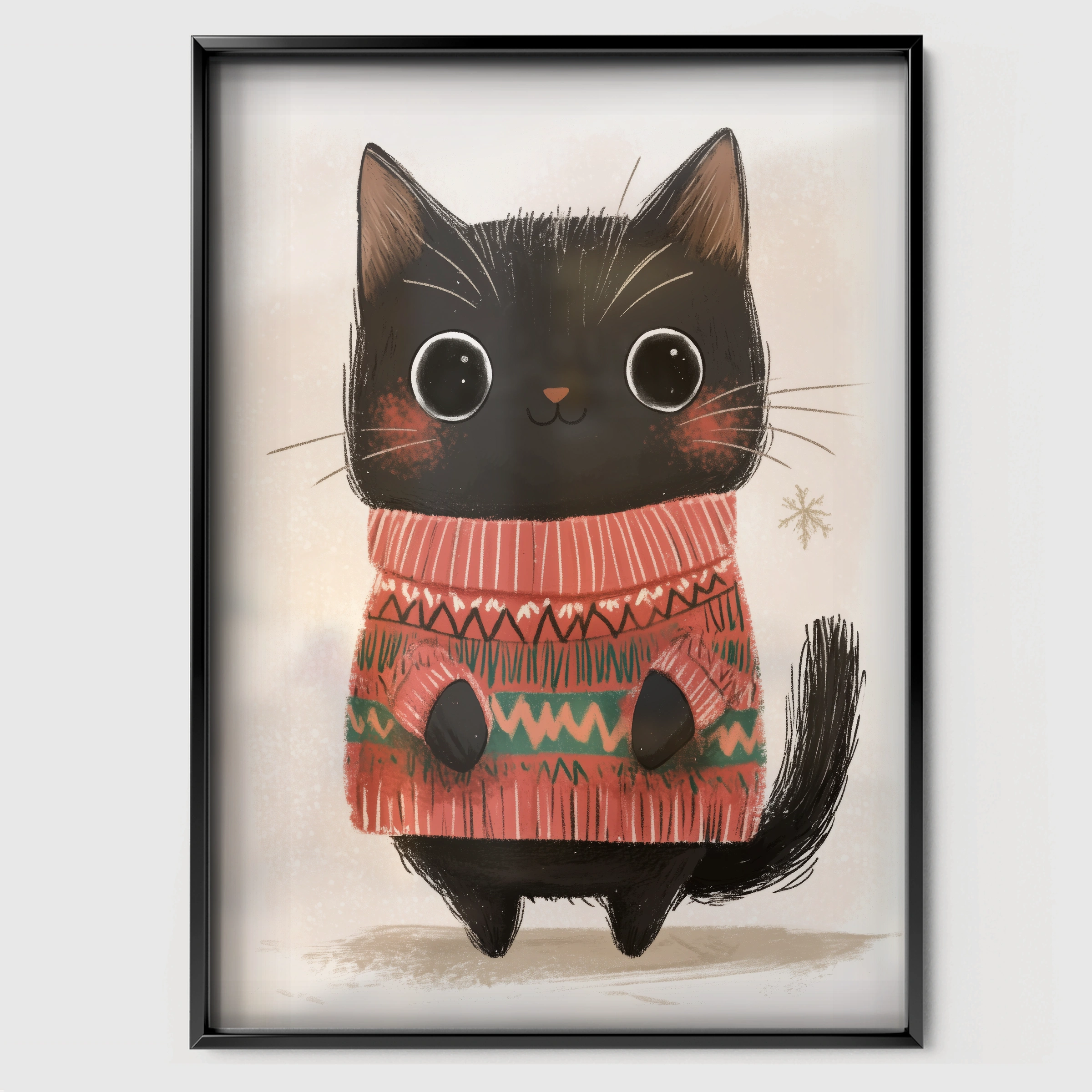 Black Cat in a Sweater Christmas Print - black framed nursery wall art print