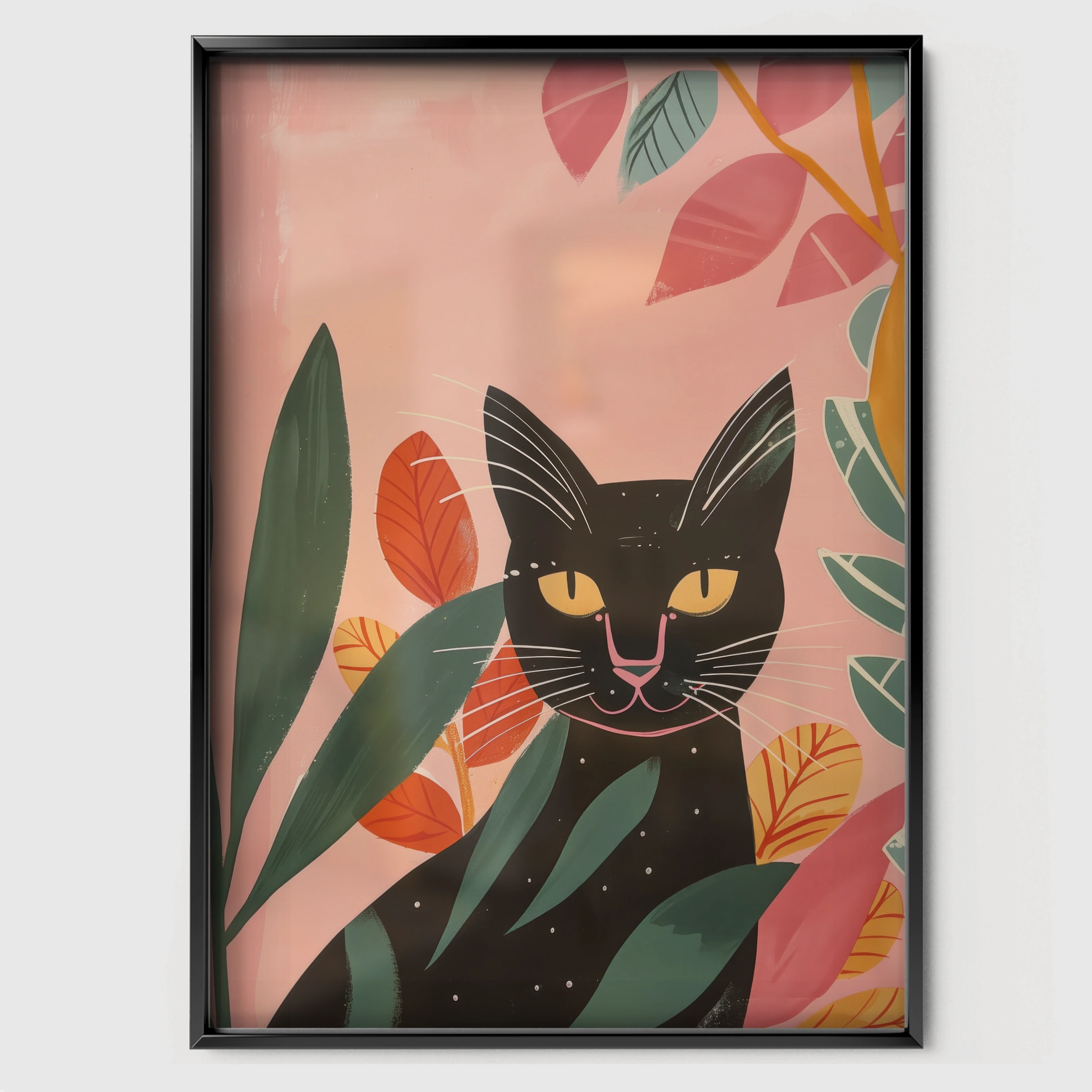 Black Cat in Flowers Nursery Print - black framed nursery wall art print