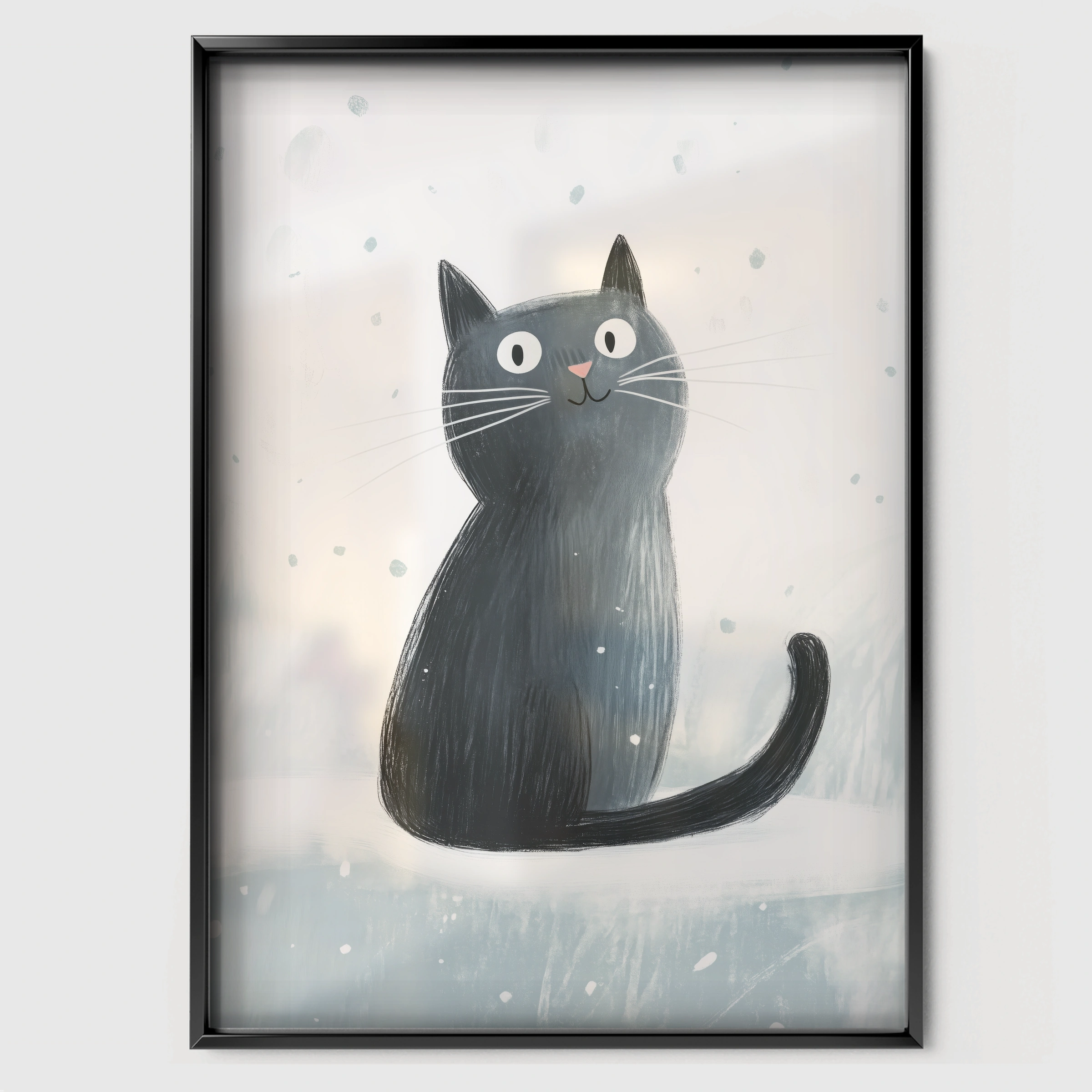 Black Cat in the Snow Christmas Print - black framed nursery wall art print