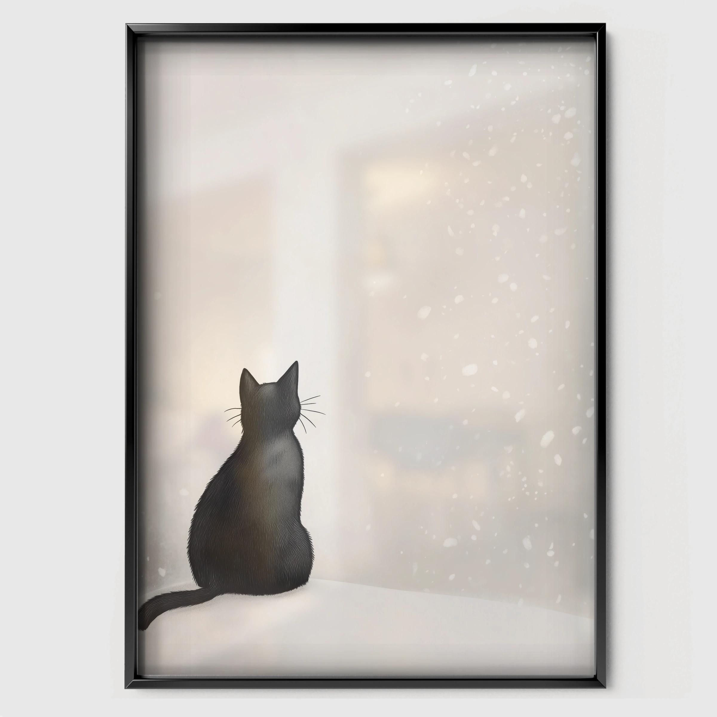 Black Cat in the Snow Two Christmas Print - black framed nursery wall art print