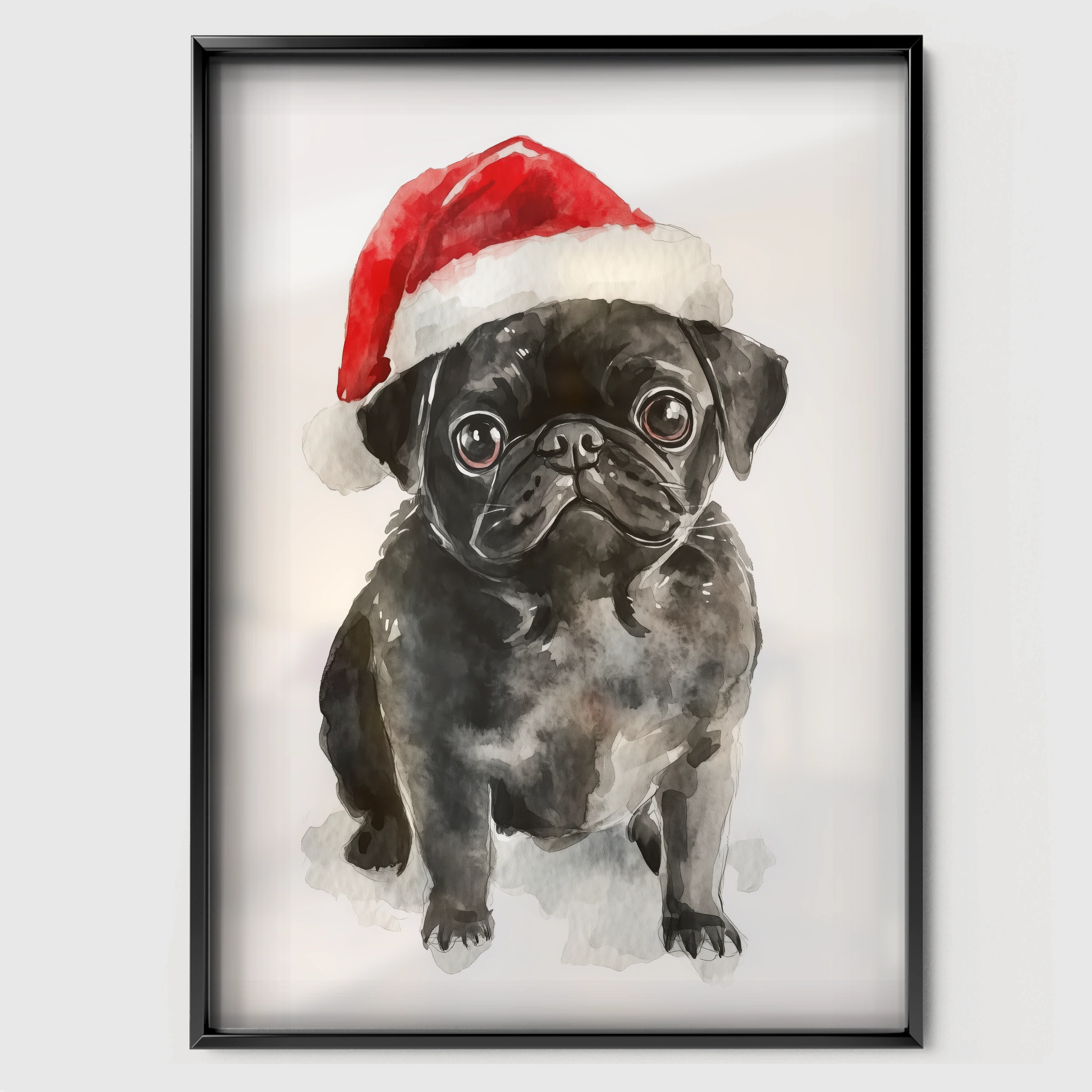 Black Pug in a Santa Hat Christmas Print - black framed nursery wall art print